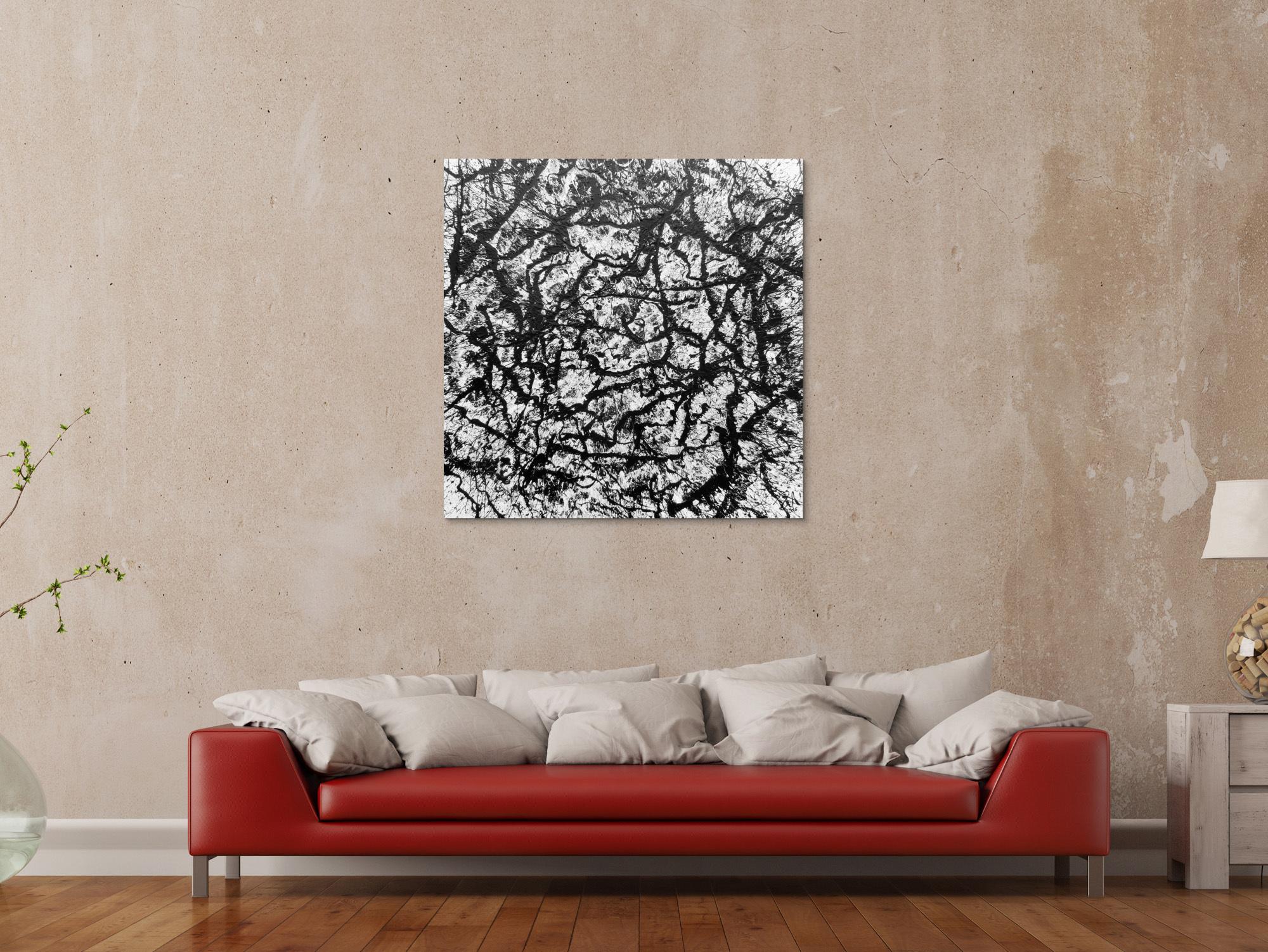 Abstraktes Acryl Gemälde quadratisch schwarz weiß modern