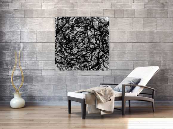 Abstraktes Acryl Gemälde quadratisch schwarz weiß modern