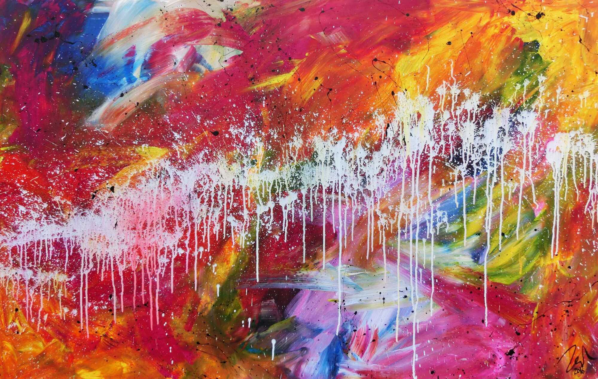 Sehr buntes abstraktes Gemälde viele helle und leuchtende Farben