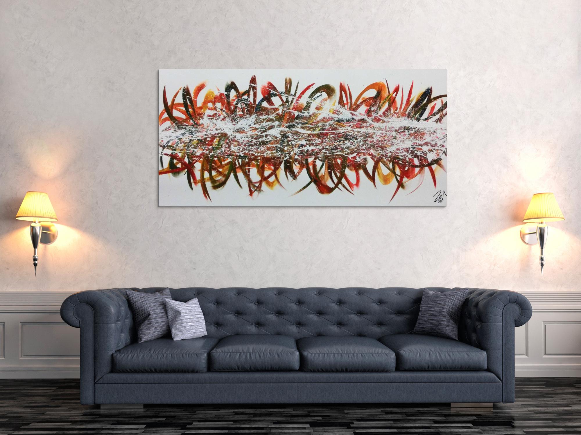 Abstraktes Acrylgemälde modern bunt viele Farben mit weißem Hintergrund