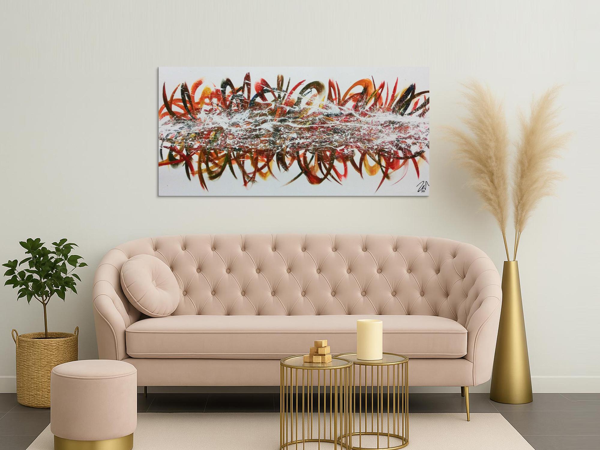 Abstraktes Acrylgemälde modern bunt viele Farben mit weißem Hintergrund