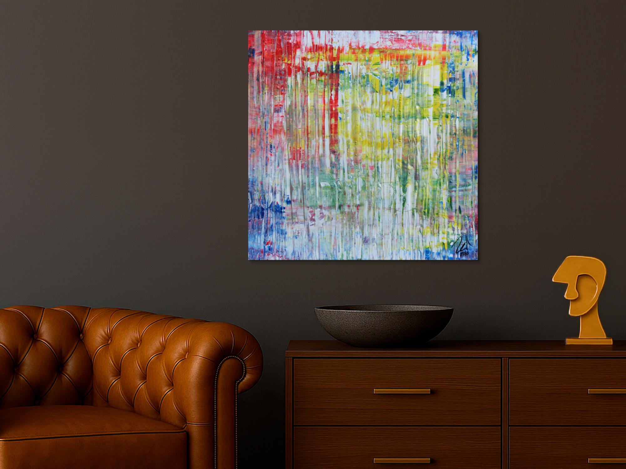 Abstraktes zeigenössisches Acrylgemälde mit hellen Faben