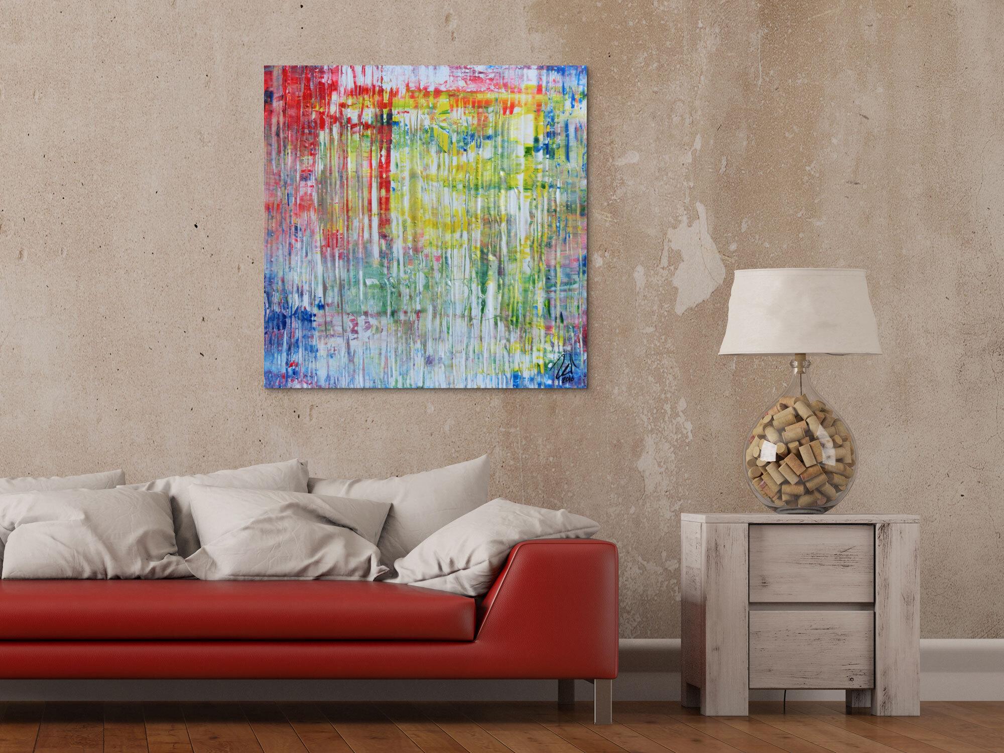 Abstraktes zeigenössisches Acrylgemälde mit hellen Faben