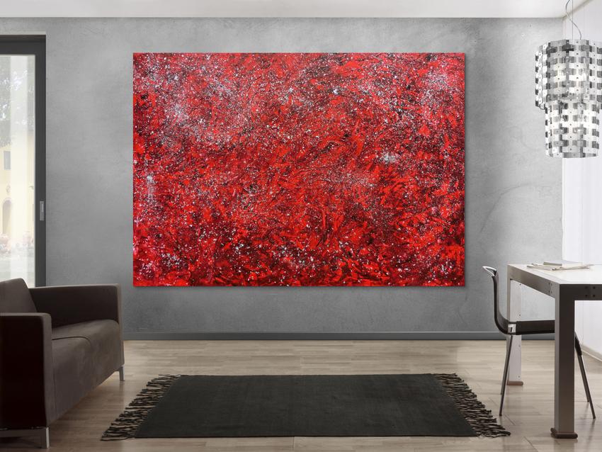 Modernes abstraktes Acrylgemälde in rot und silber