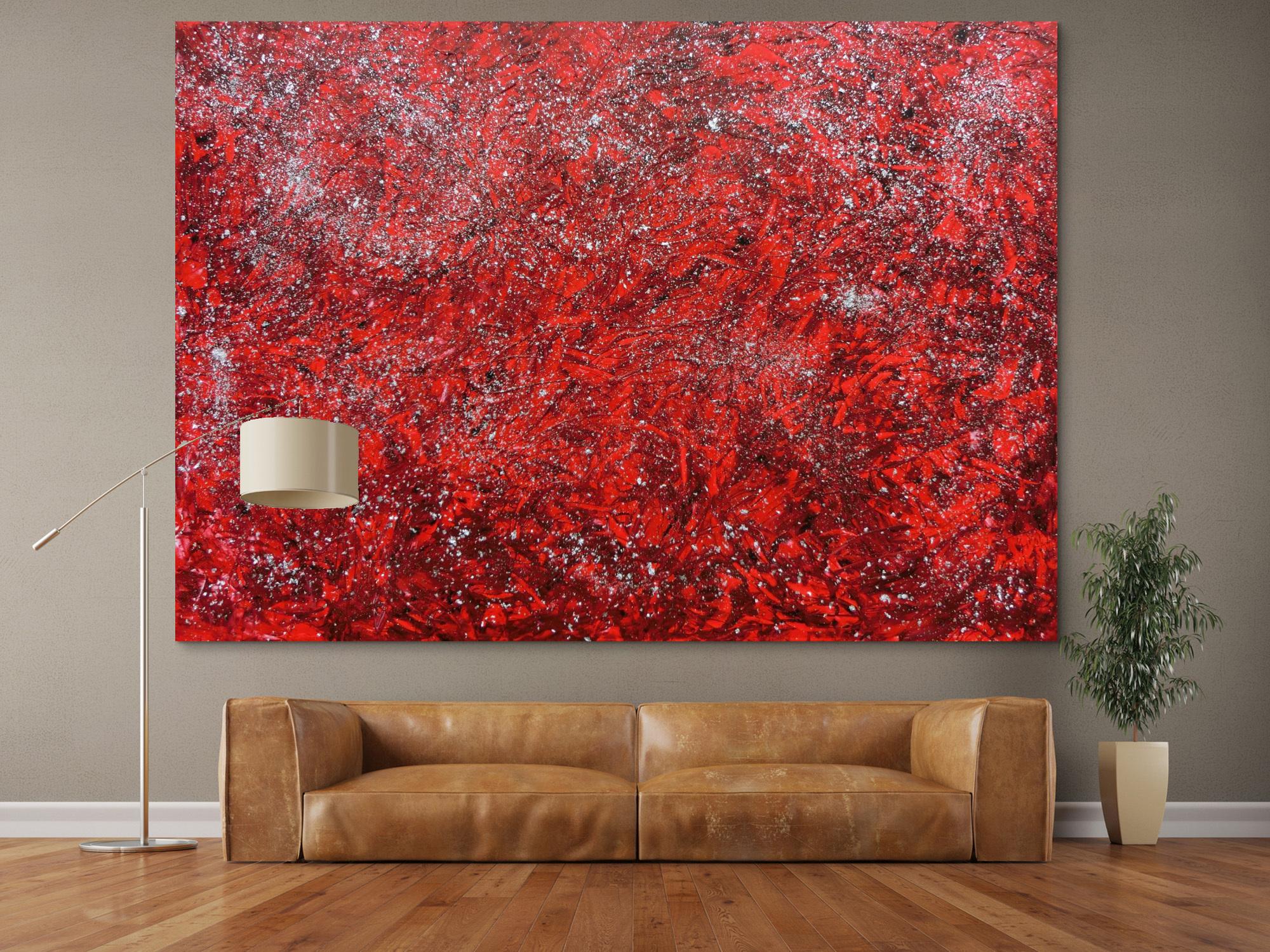 Modernes abstraktes Acrylgemälde in rot und silber