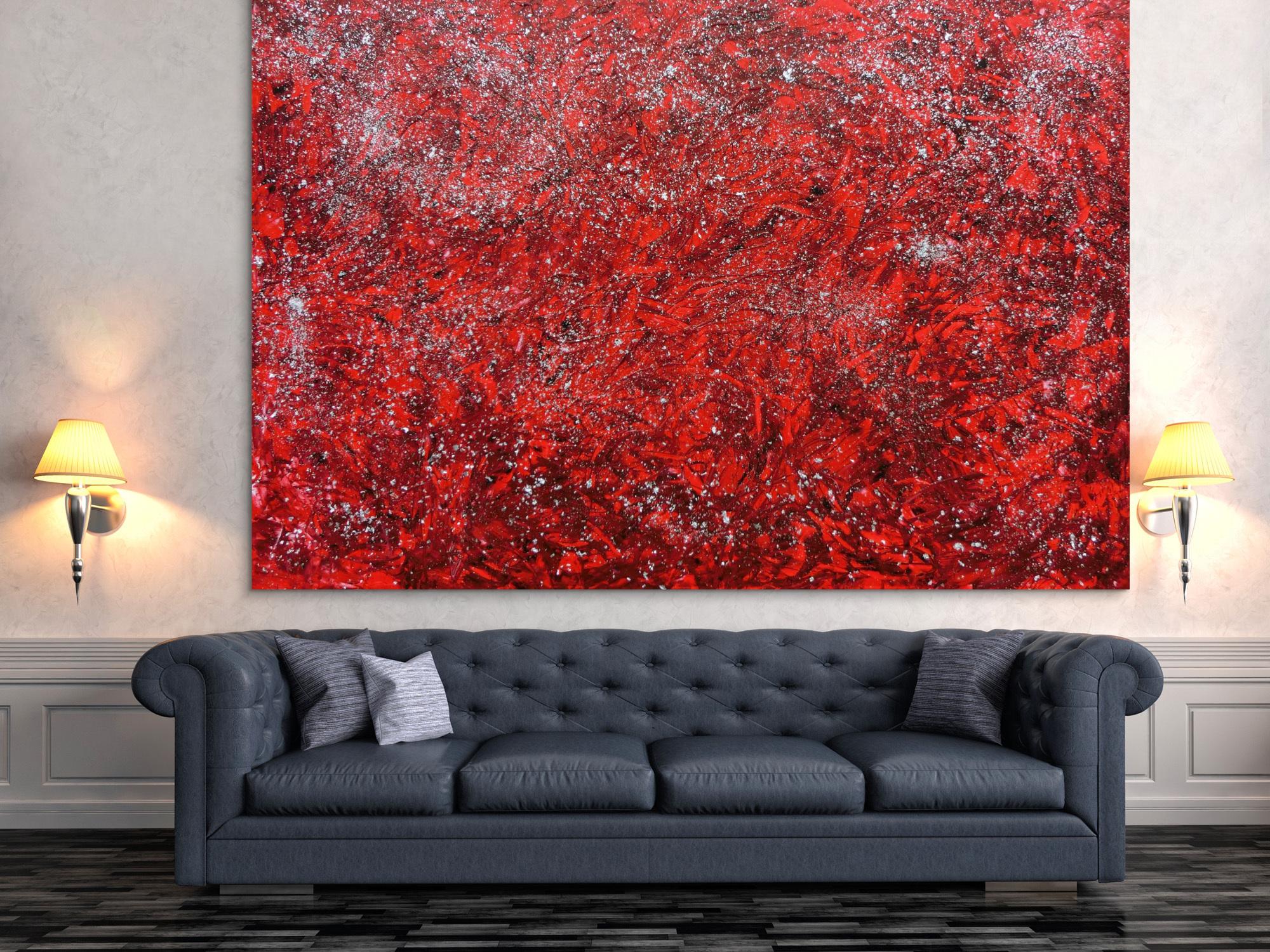 Modernes abstraktes Acrylgemälde in rot und silber