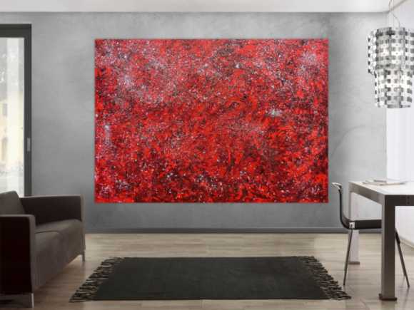 Modernes abstraktes Acrylgemälde in rot und silber