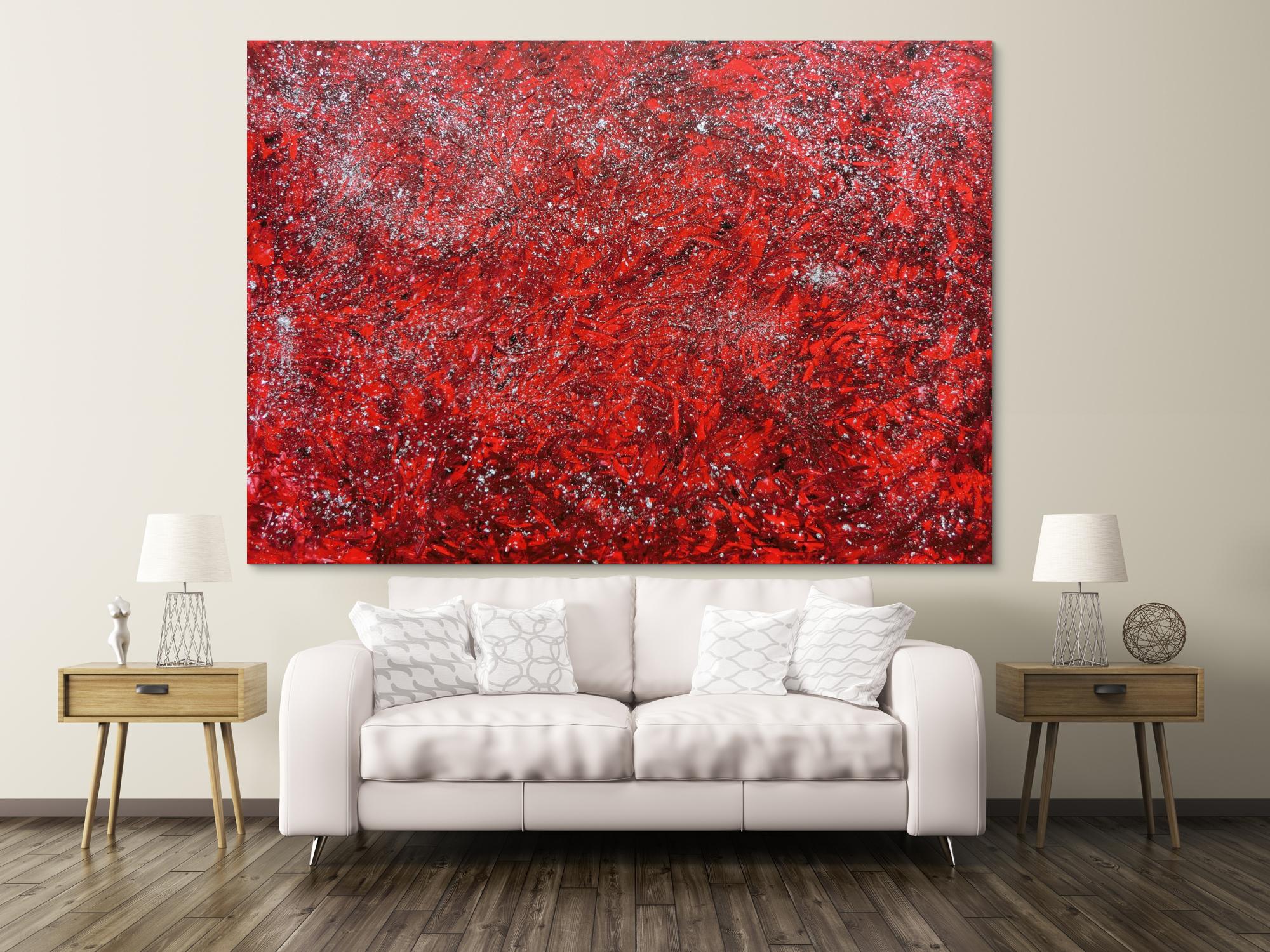 Modernes abstraktes Acrylgemälde in rot und silber