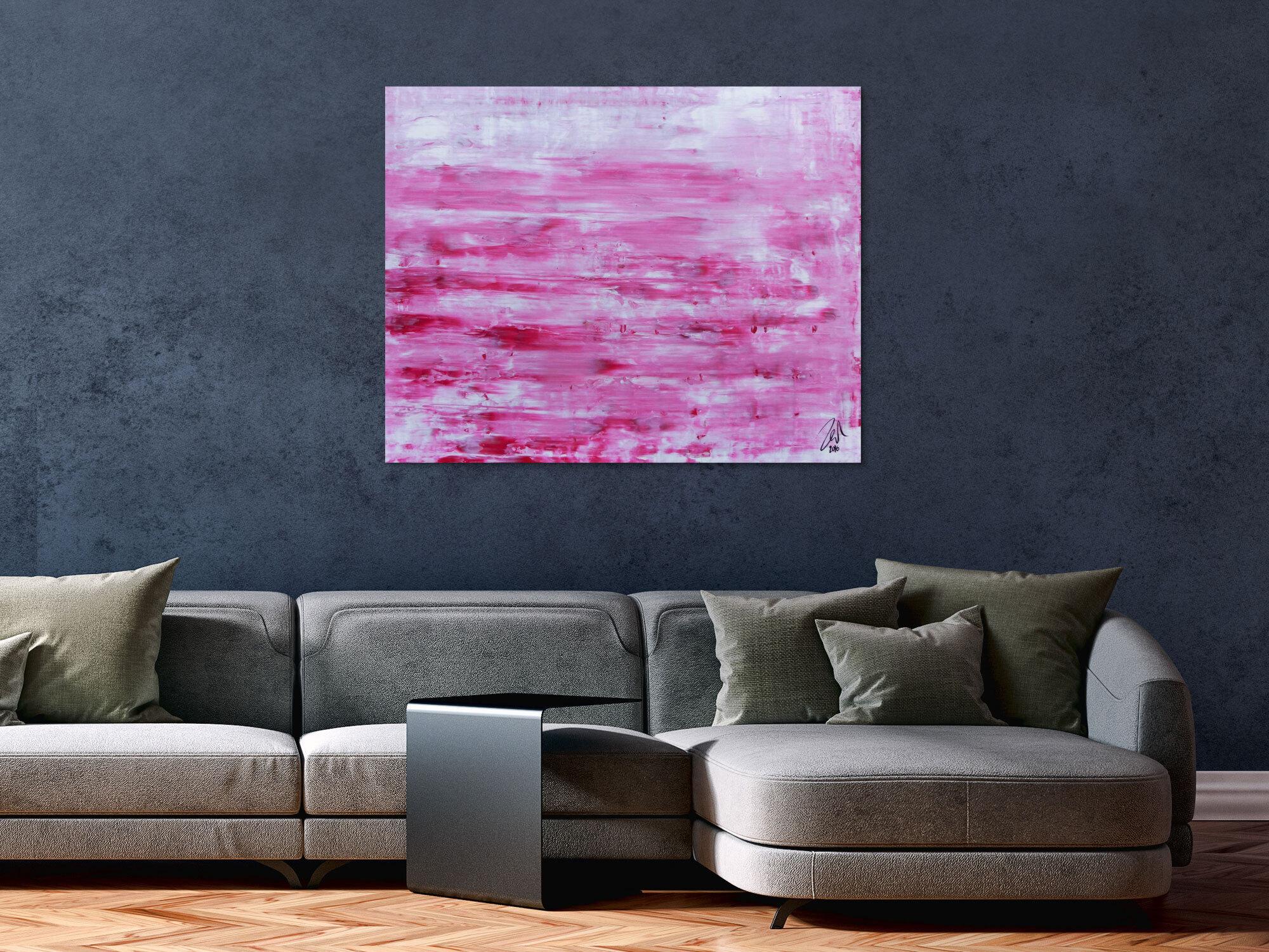 Abstraktes Acrylbild in rosa und weiß mit hellen Farben