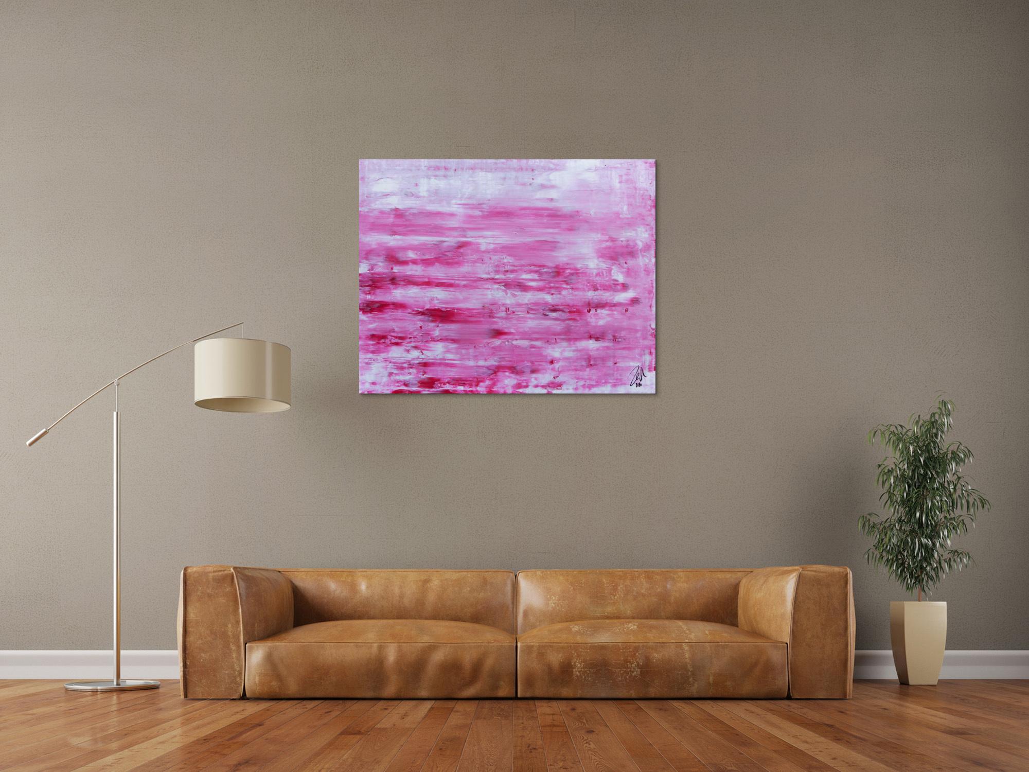 Abstraktes Acrylbild in rosa und weiß mit hellen Farben