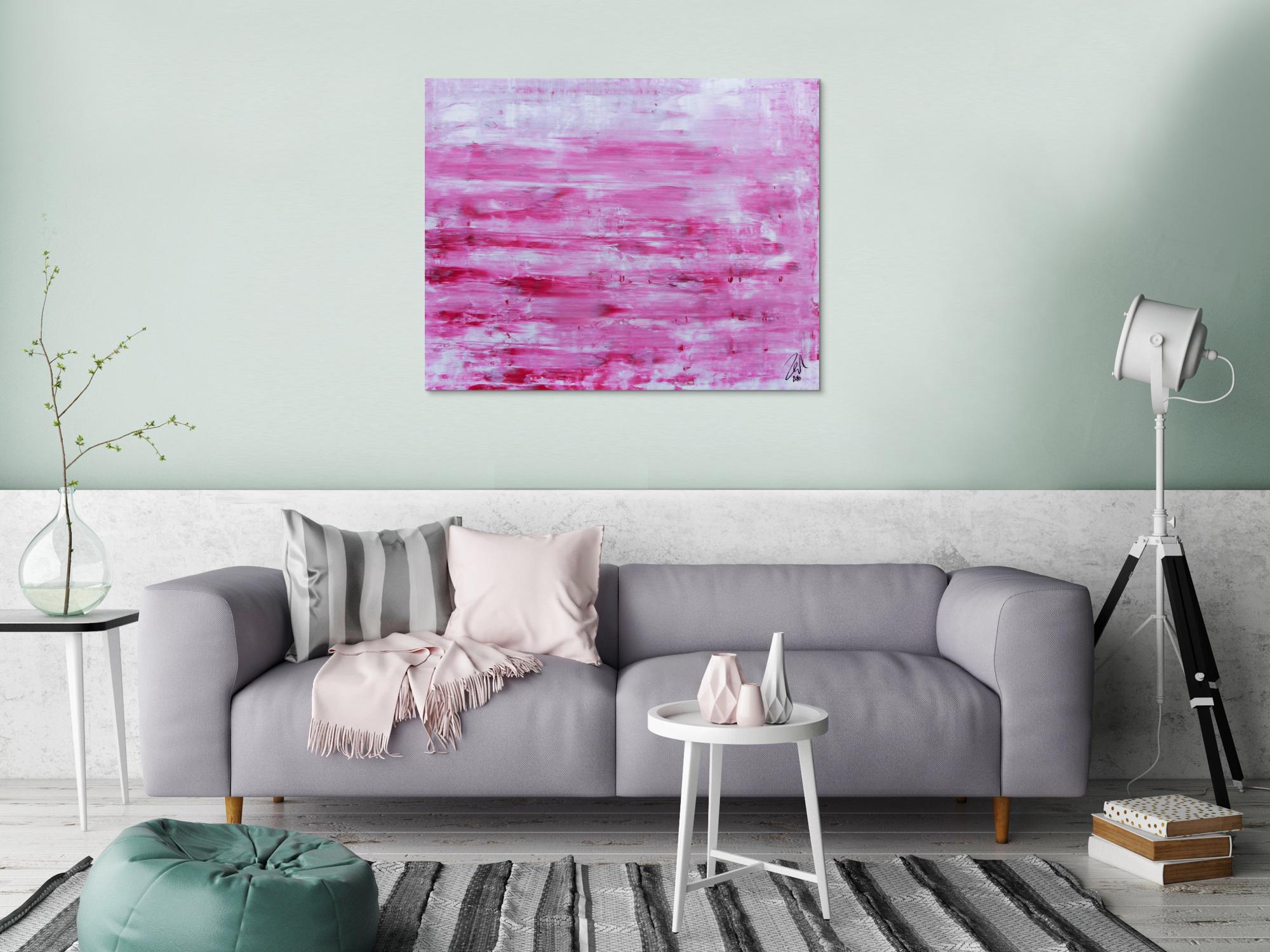 Abstraktes Acrylbild in rosa und weiß mit hellen Farben