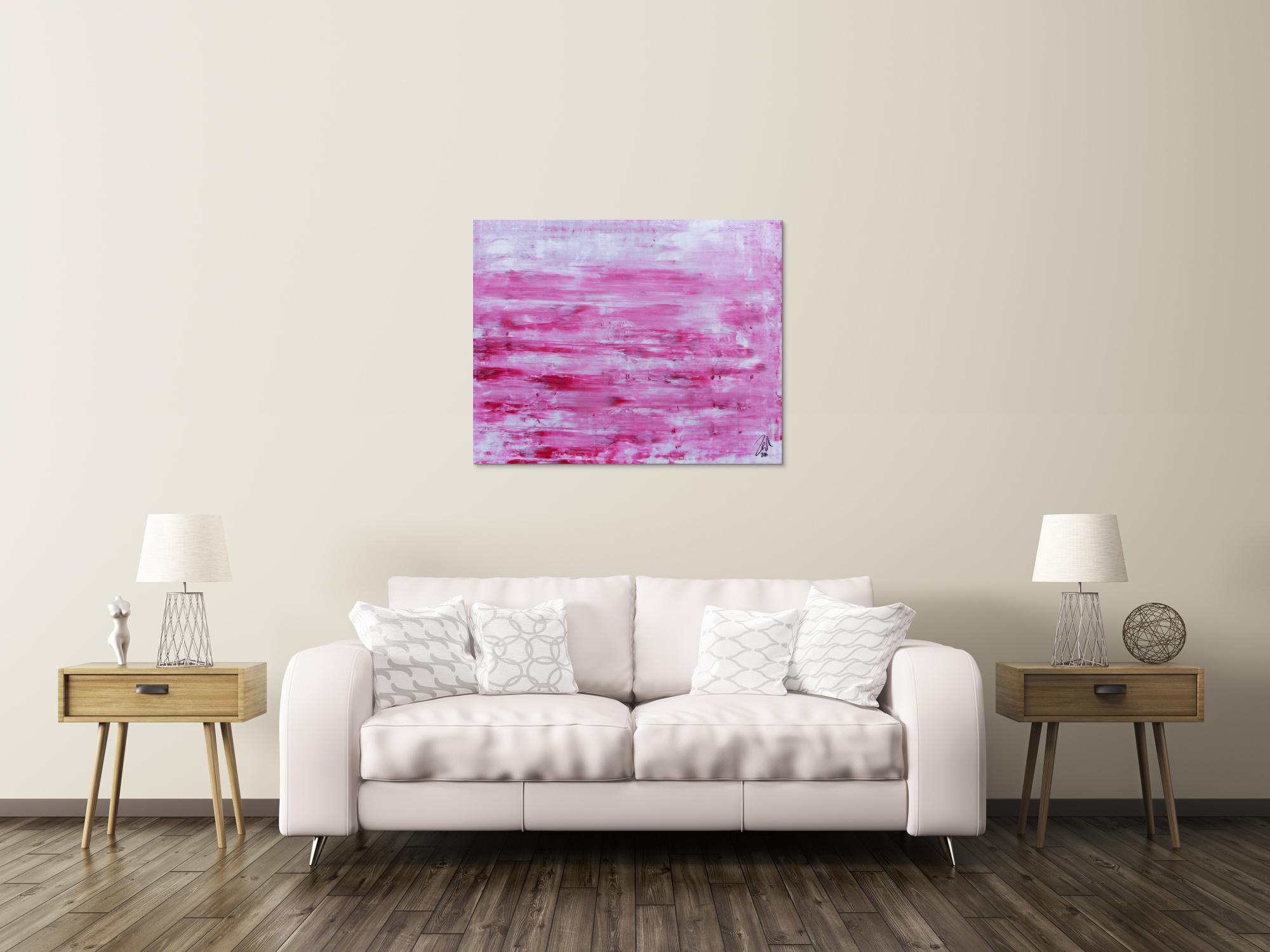 Abstraktes Acrylbild in rosa und weiß mit hellen Farben