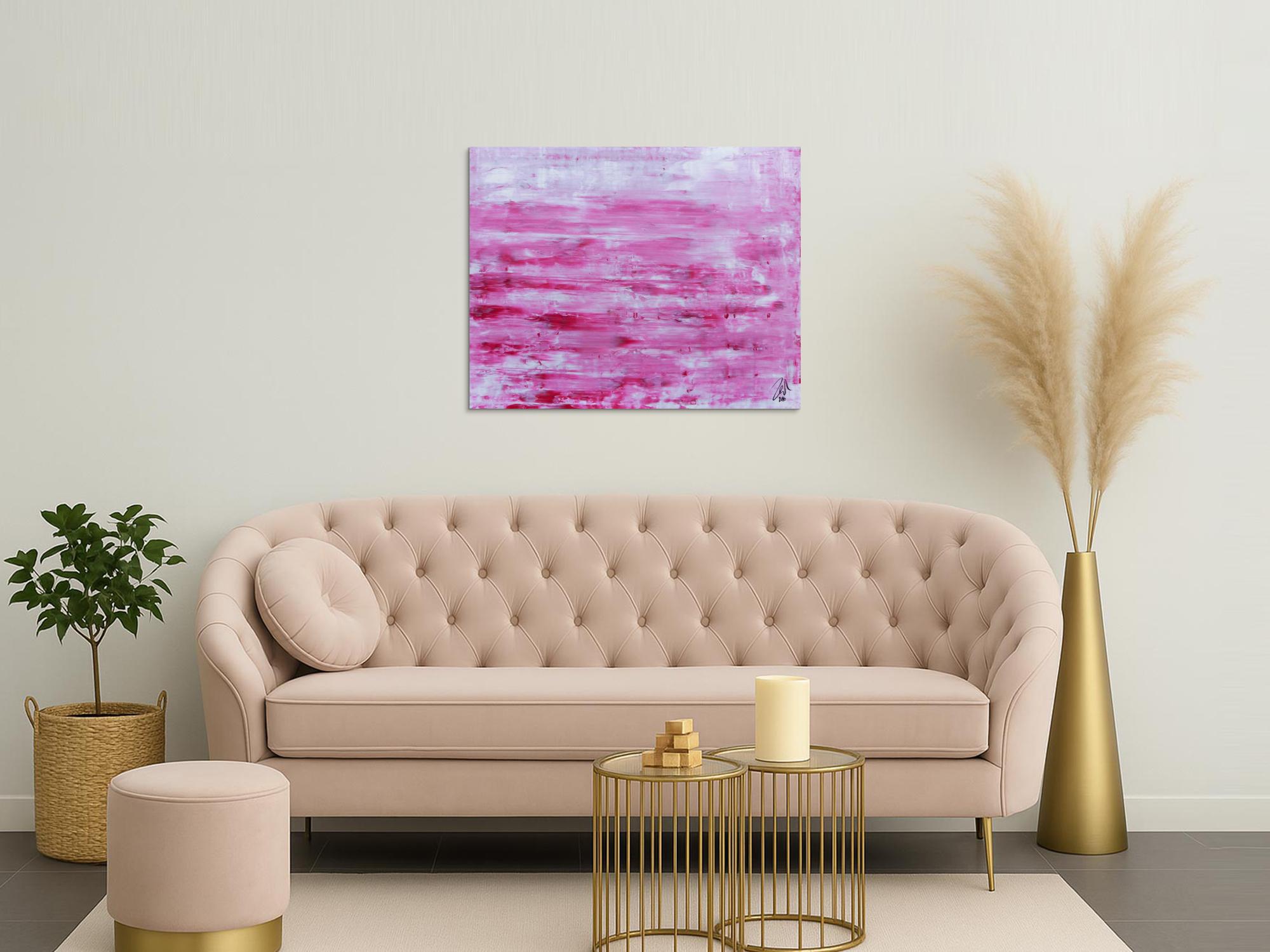 Abstraktes Acrylbild in rosa und weiß mit hellen Farben