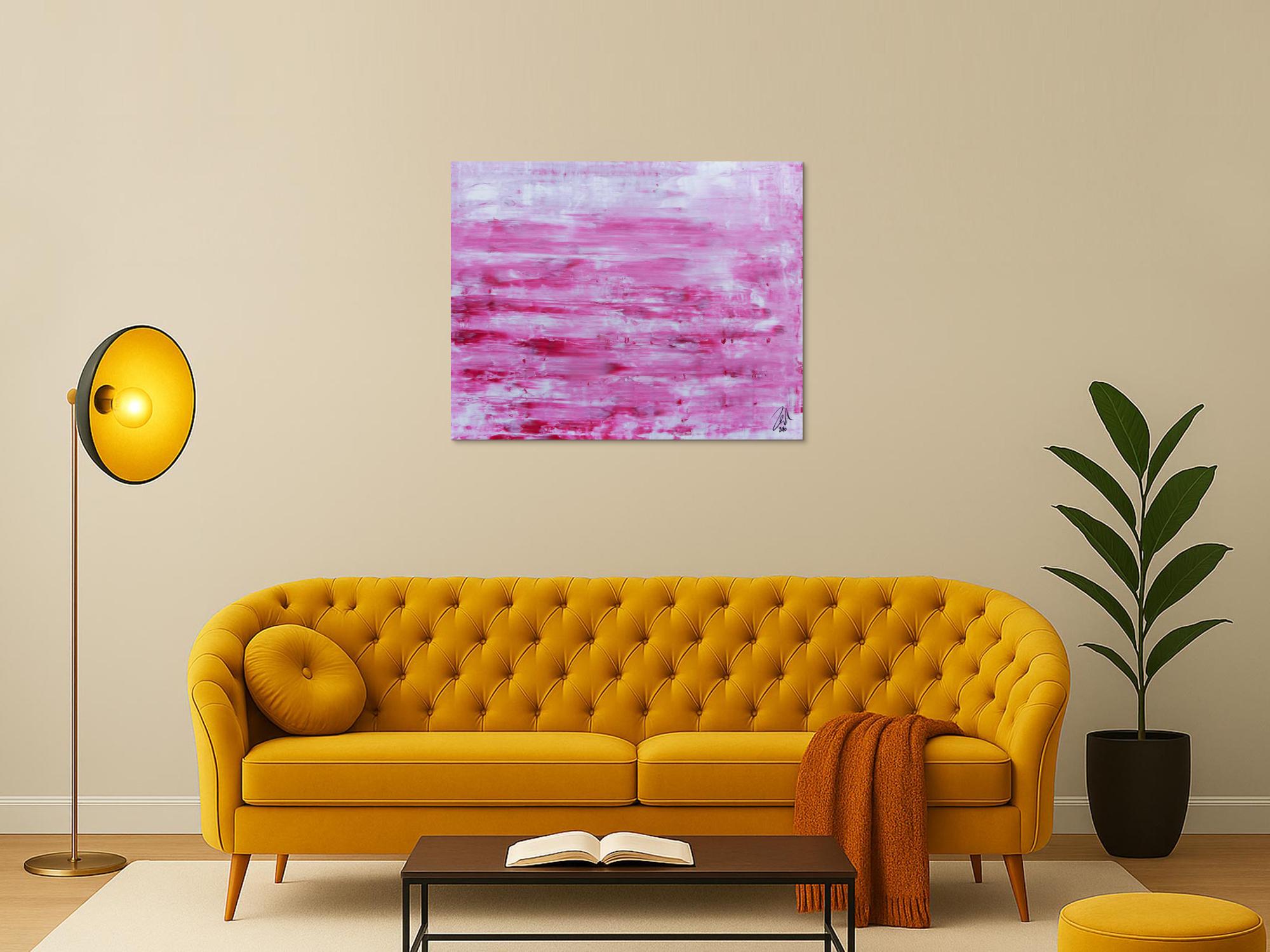 Abstraktes Acrylbild in rosa und weiß mit hellen Farben