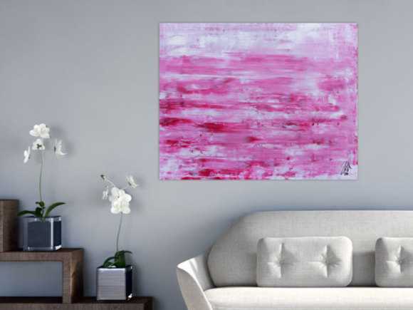 Abstraktes Acrylbild in rosa und weiß mit hellen Farben