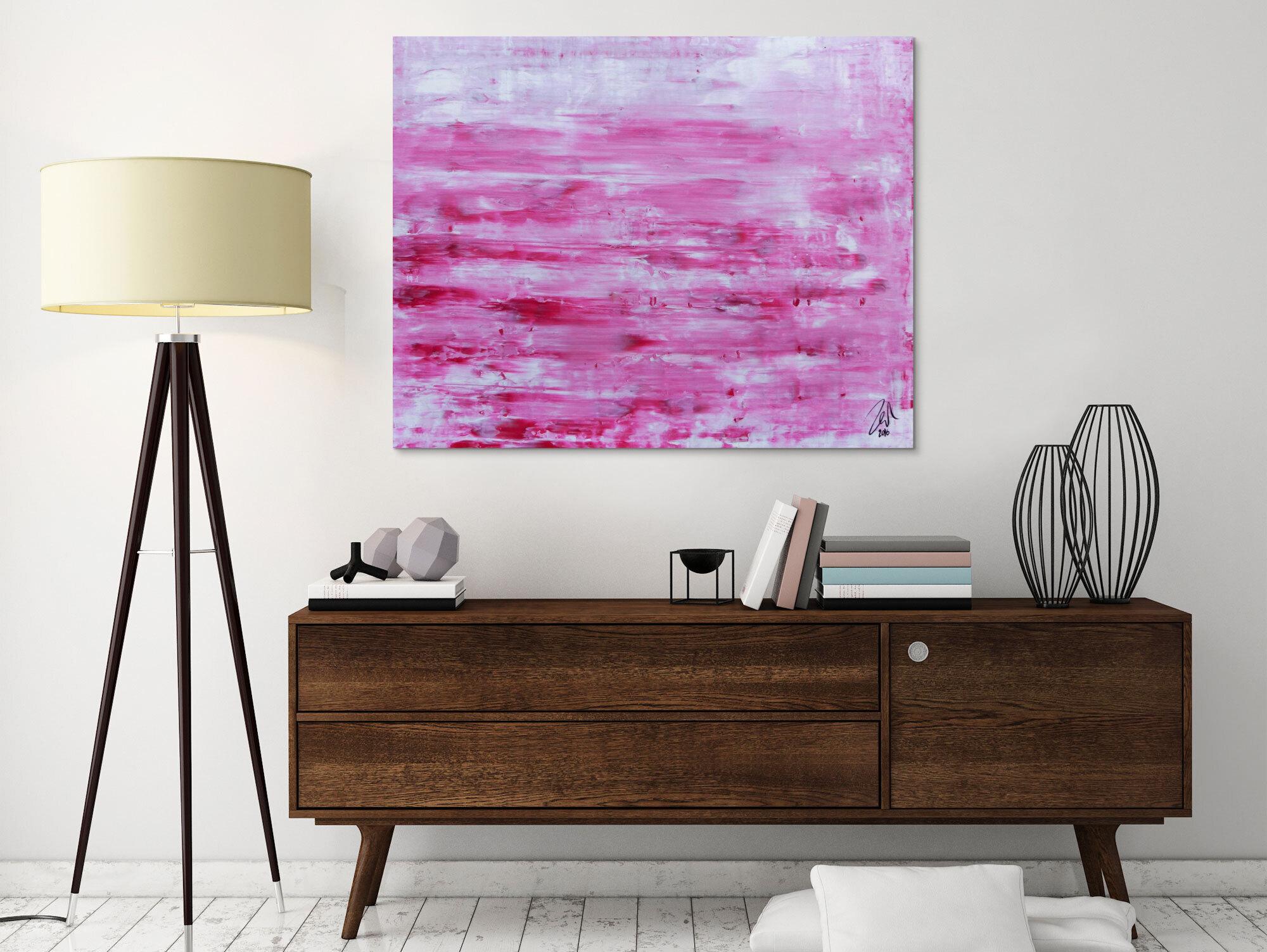 Abstraktes Acrylbild in rosa und weiß mit hellen Farben
