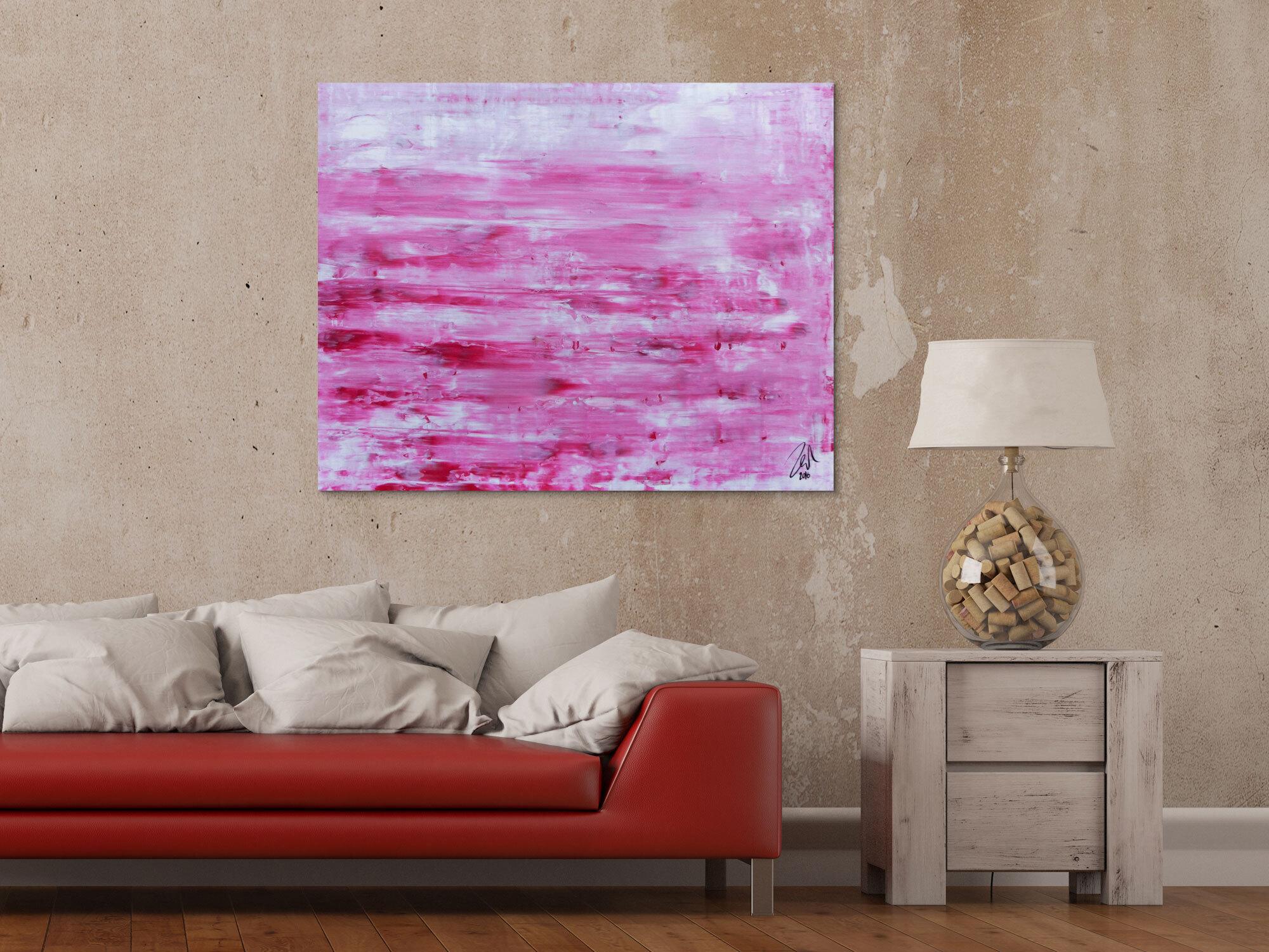 Abstraktes Acrylbild in rosa und weiß mit hellen Farben