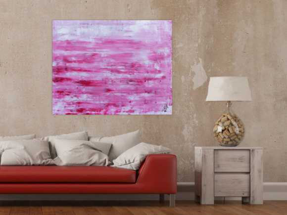 Abstraktes Acrylbild in rosa und weiß mit hellen Farben