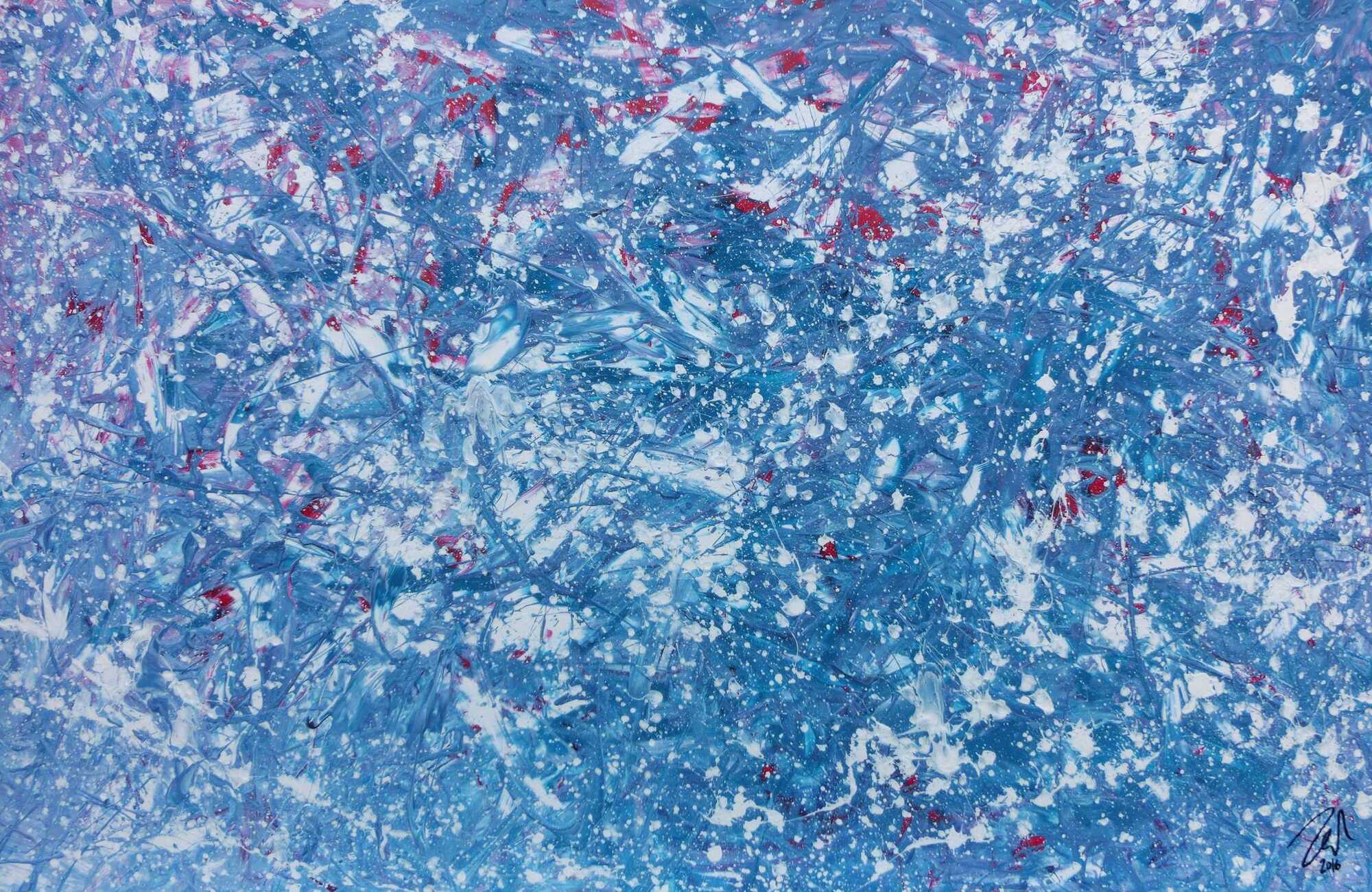 Modernes Gemälde abstrakt in hellblau und weiß mit etwas pink