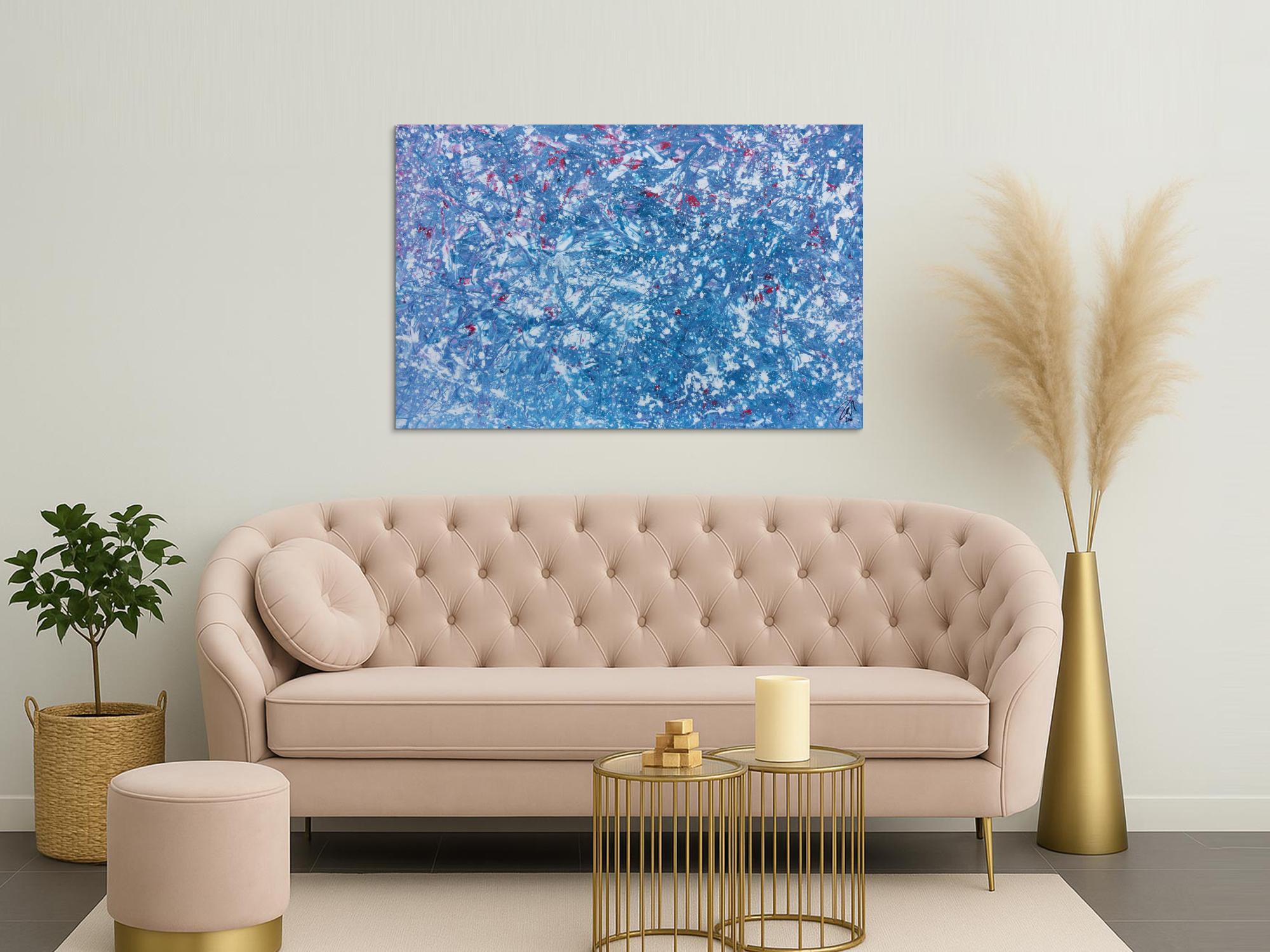 Modernes Gemälde abstrakt in hellblau und weiß mit etwas pink