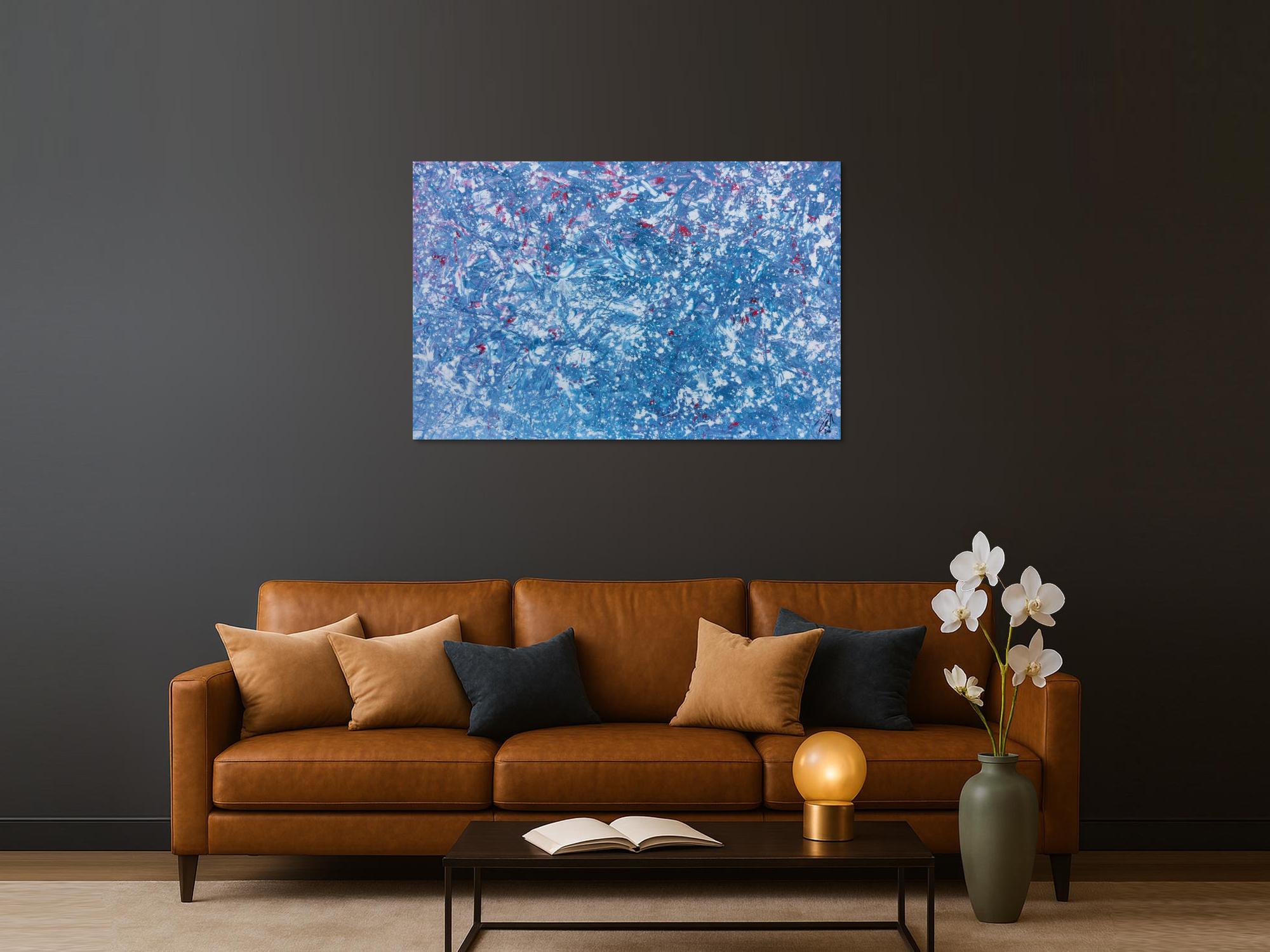 Modernes Gemälde abstrakt in hellblau und weiß mit etwas pink