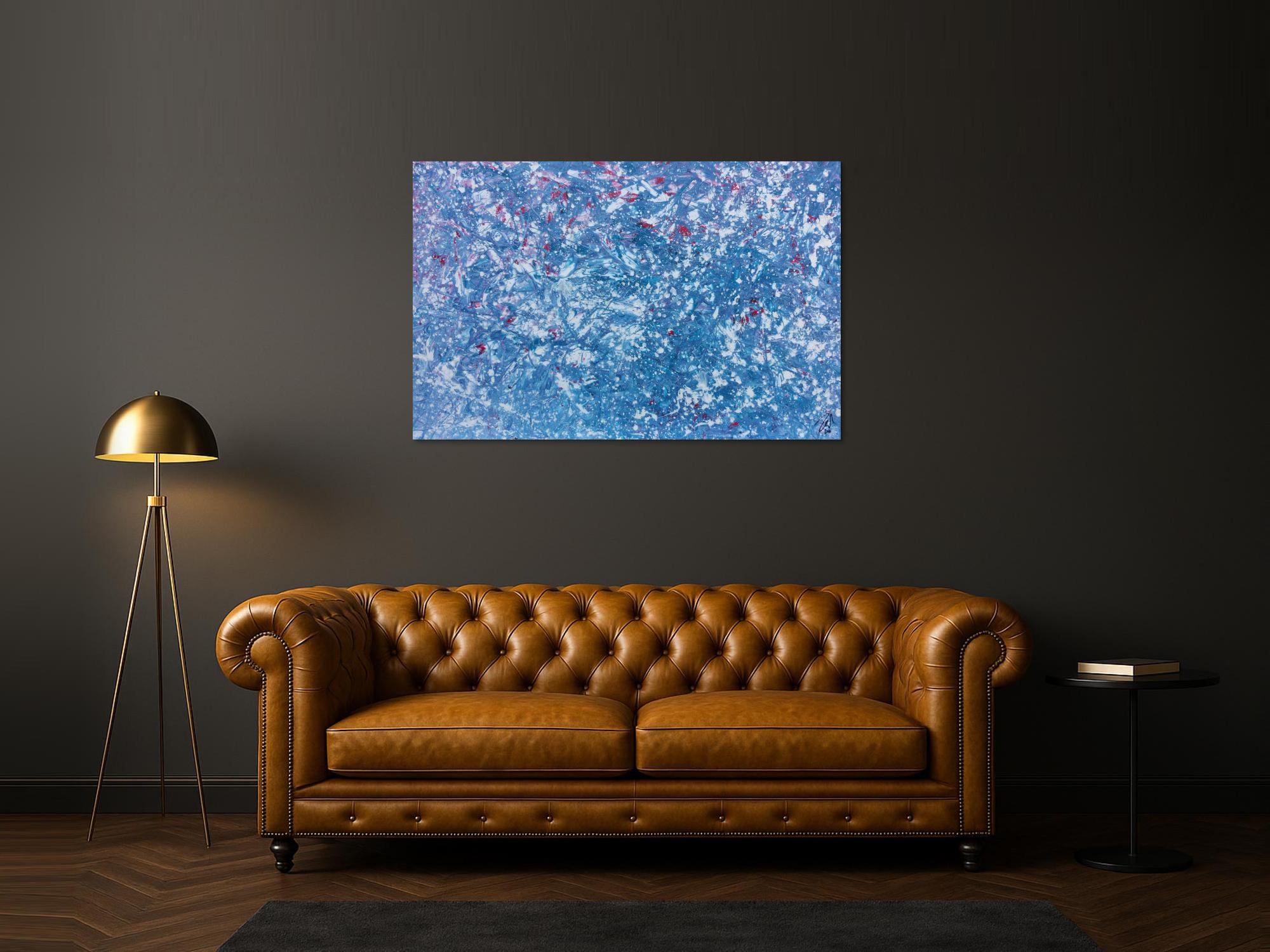 Modernes Gemälde abstrakt in hellblau und weiß mit etwas pink