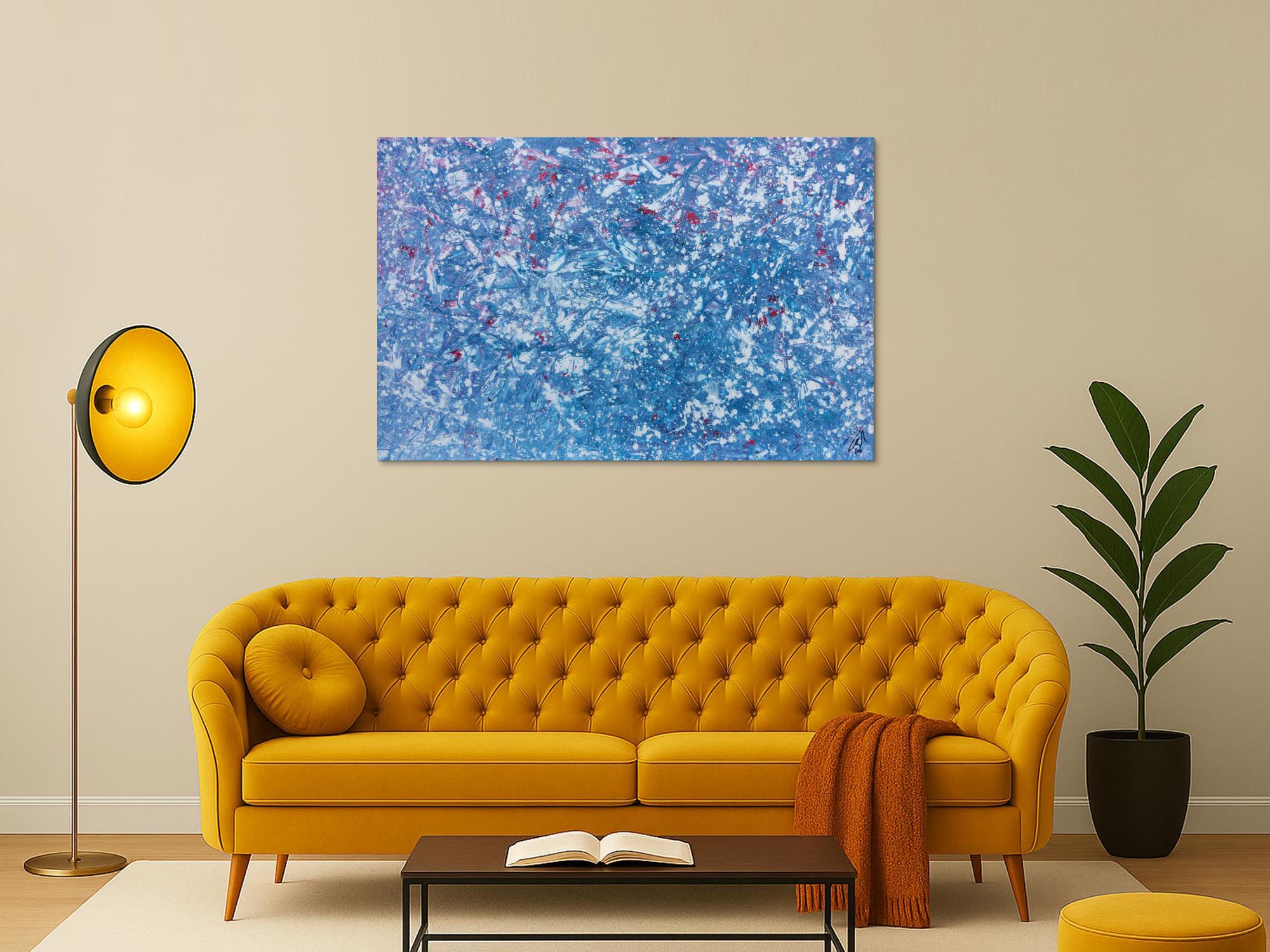 Modernes Gemälde abstrakt in hellblau und weiß mit etwas pink