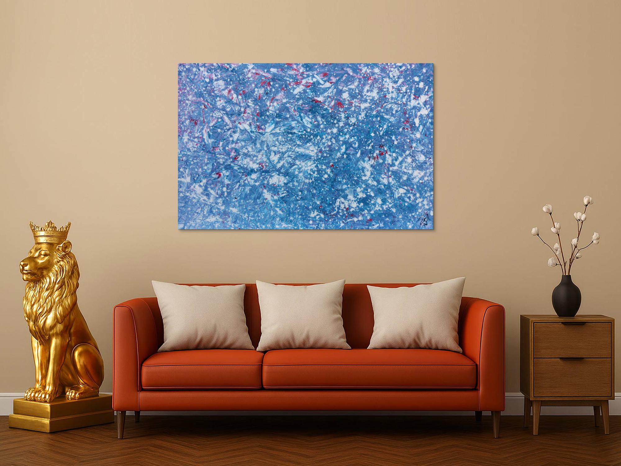 Modernes Gemälde abstrakt in hellblau und weiß mit etwas pink