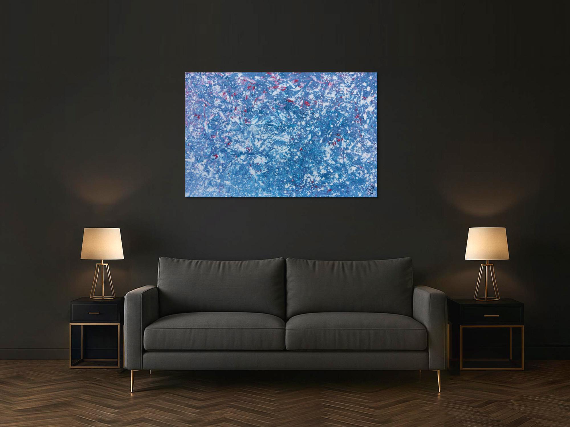 Modernes Gemälde abstrakt in hellblau und weiß mit etwas pink