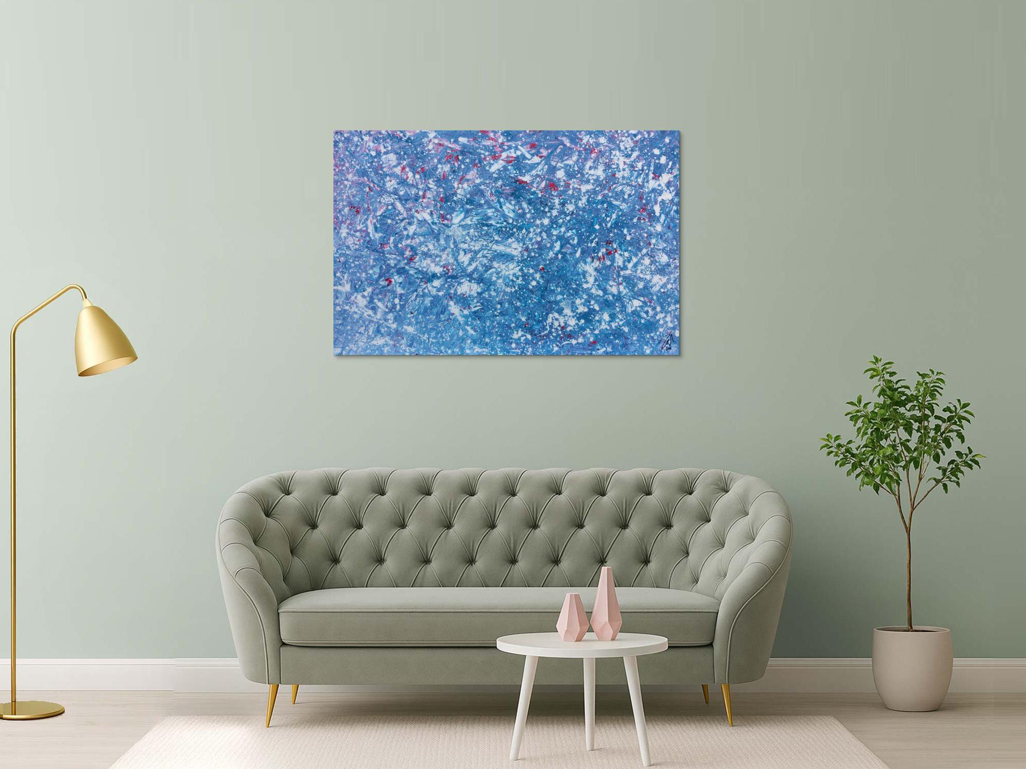 Modernes Gemälde abstrakt in hellblau und weiß mit etwas pink