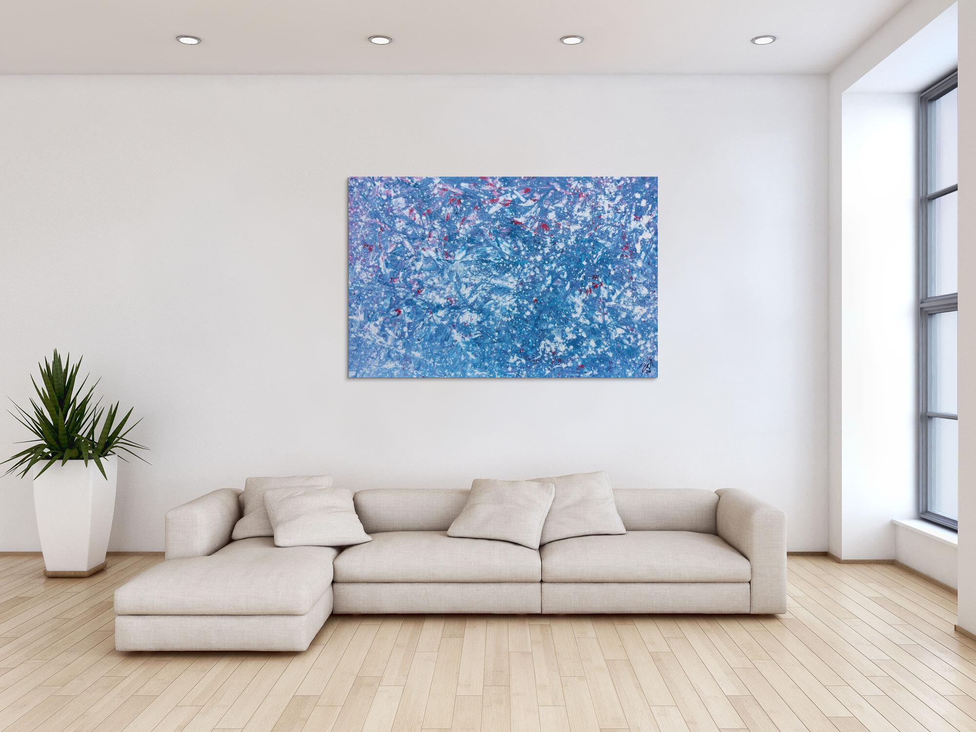 Modernes Gemälde abstrakt in hellblau und weiß mit etwas pink