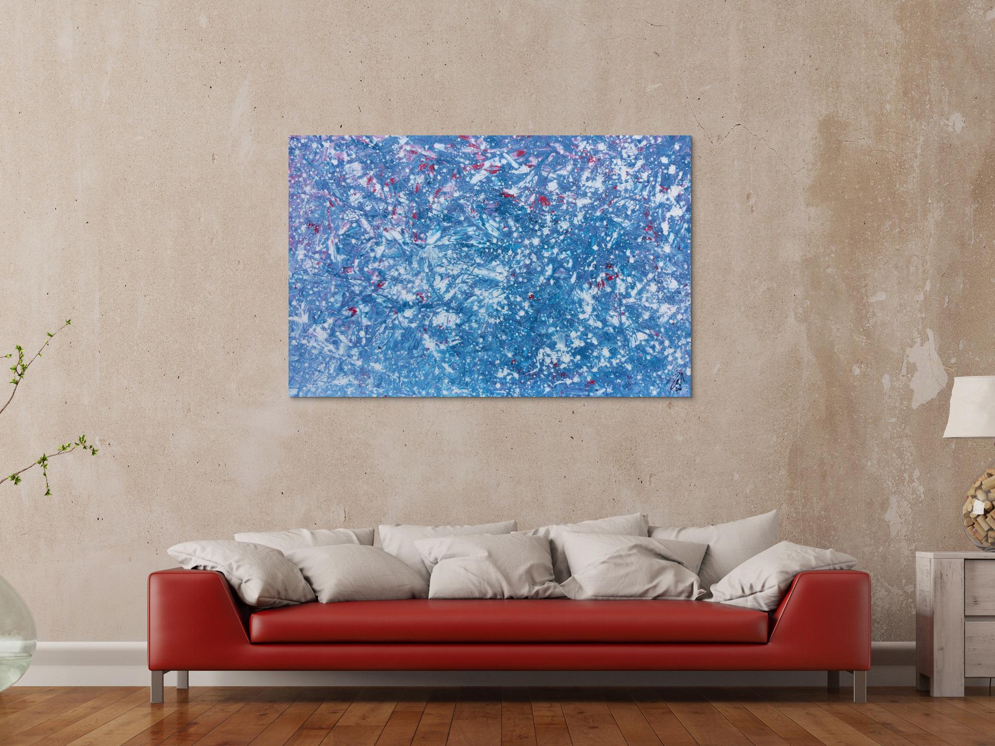 Modernes Gemälde abstrakt in hellblau und weiß mit etwas pink