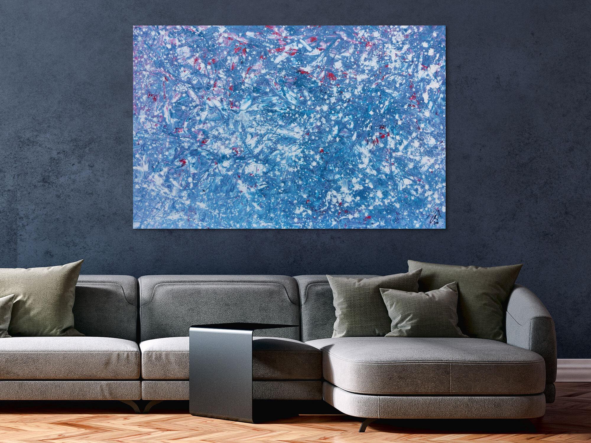 Modernes Gemälde abstrakt in hellblau und weiß mit etwas pink