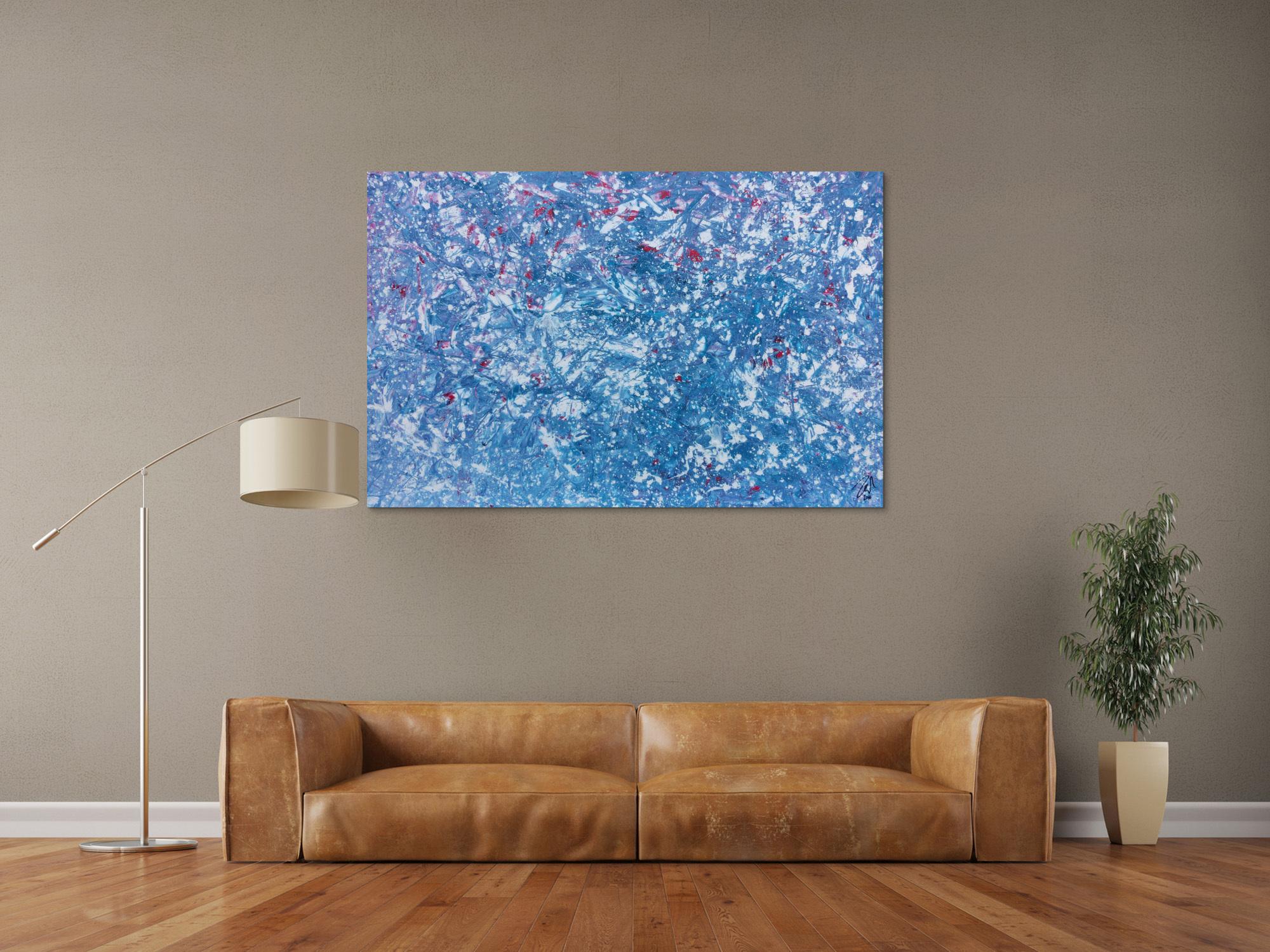 Modernes Gemälde abstrakt in hellblau und weiß mit etwas pink