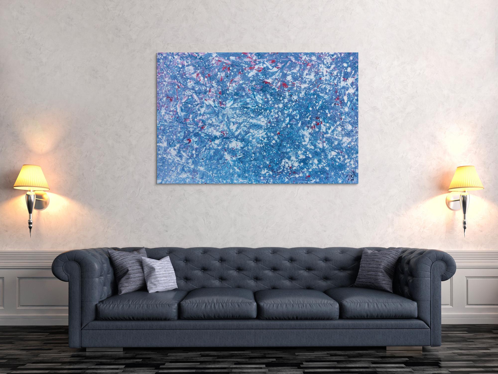 Modernes Gemälde abstrakt in hellblau und weiß mit etwas pink