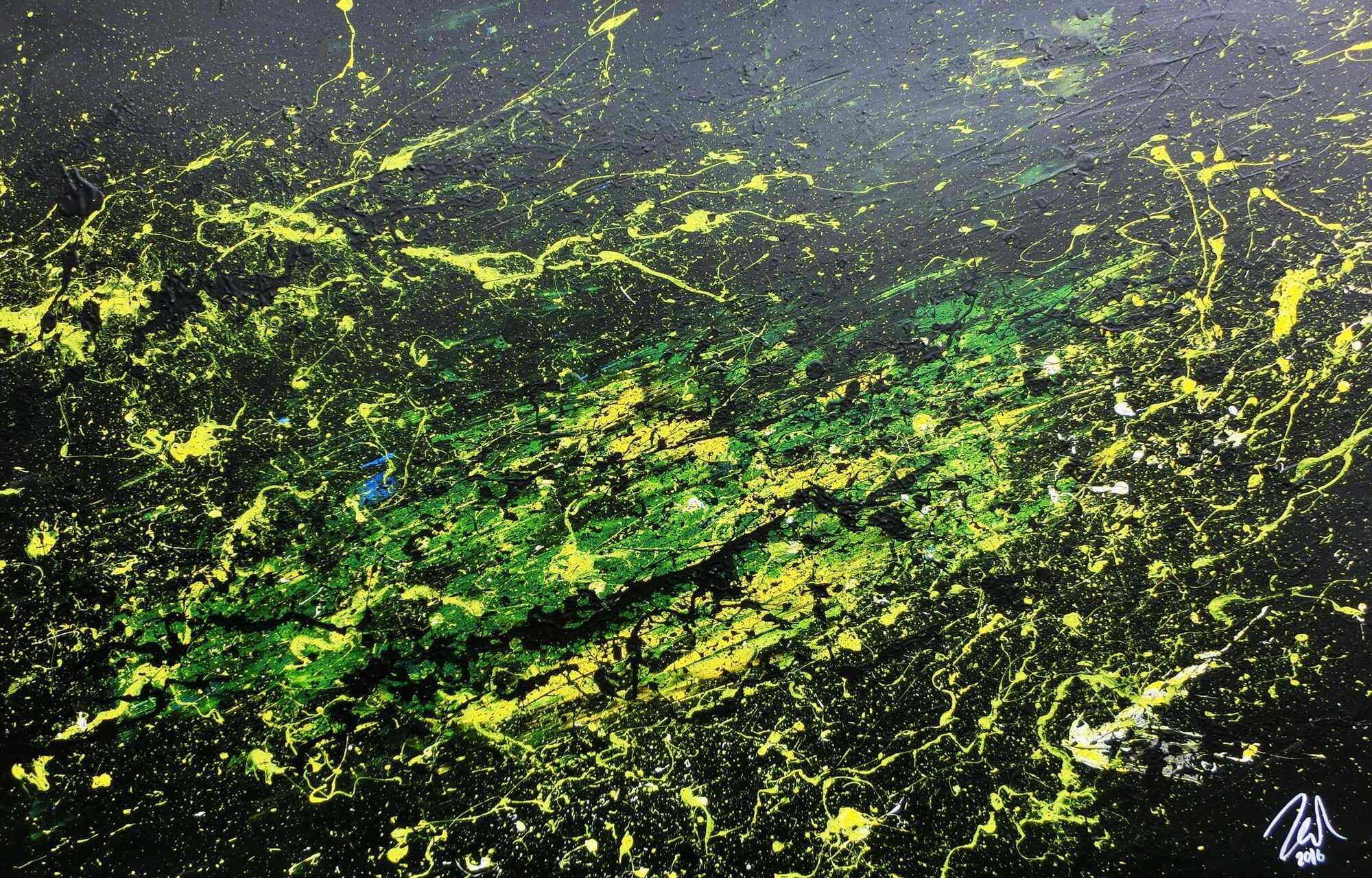 Sehr modernes abstraktes Gemälde mit dunklen Farben und grün gelb