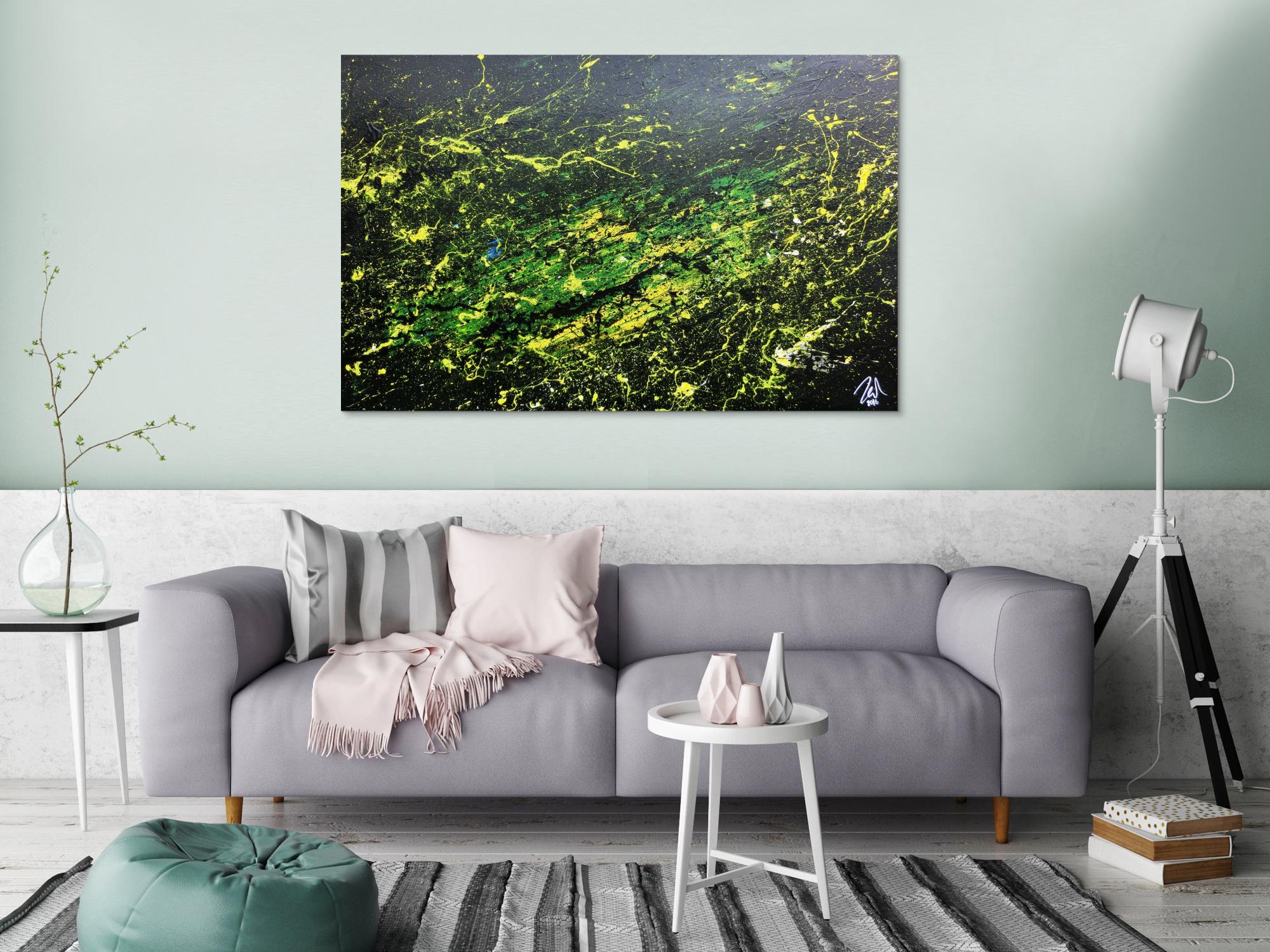 Sehr modernes abstraktes Gemälde mit dunklen Farben und grün gelb