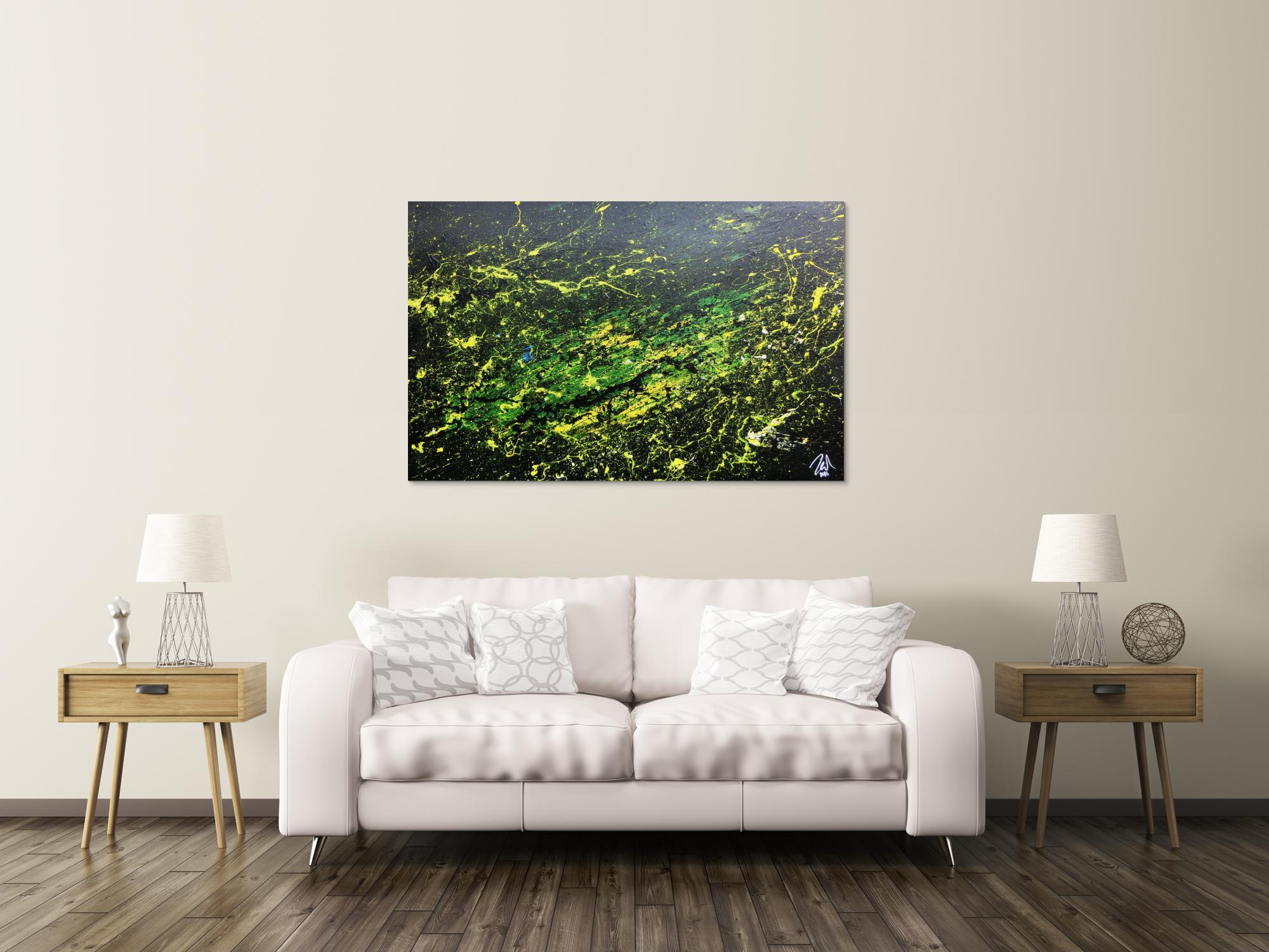 Sehr modernes abstraktes Gemälde mit dunklen Farben und grün gelb