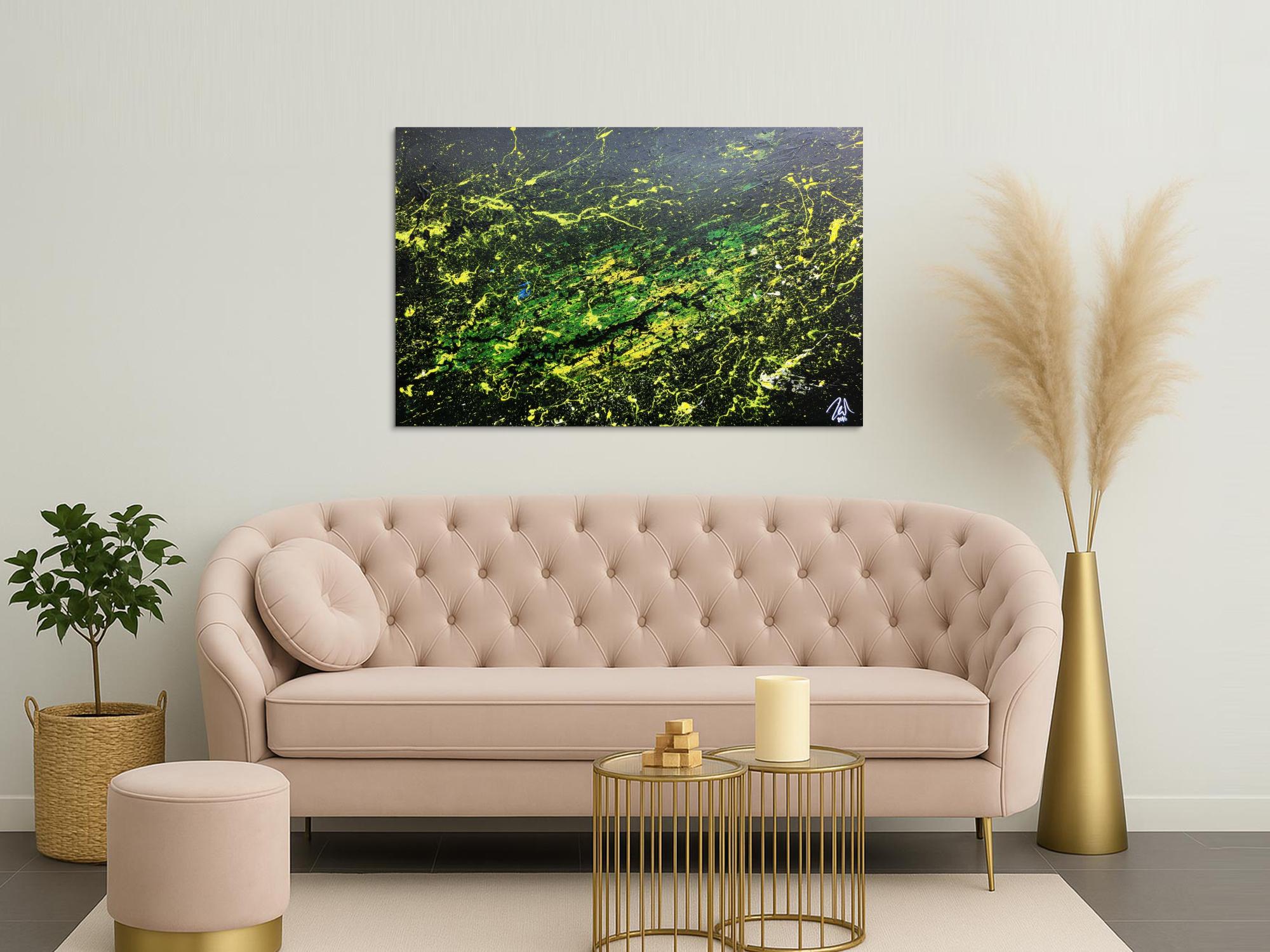 Sehr modernes abstraktes Gemälde mit dunklen Farben und grün gelb