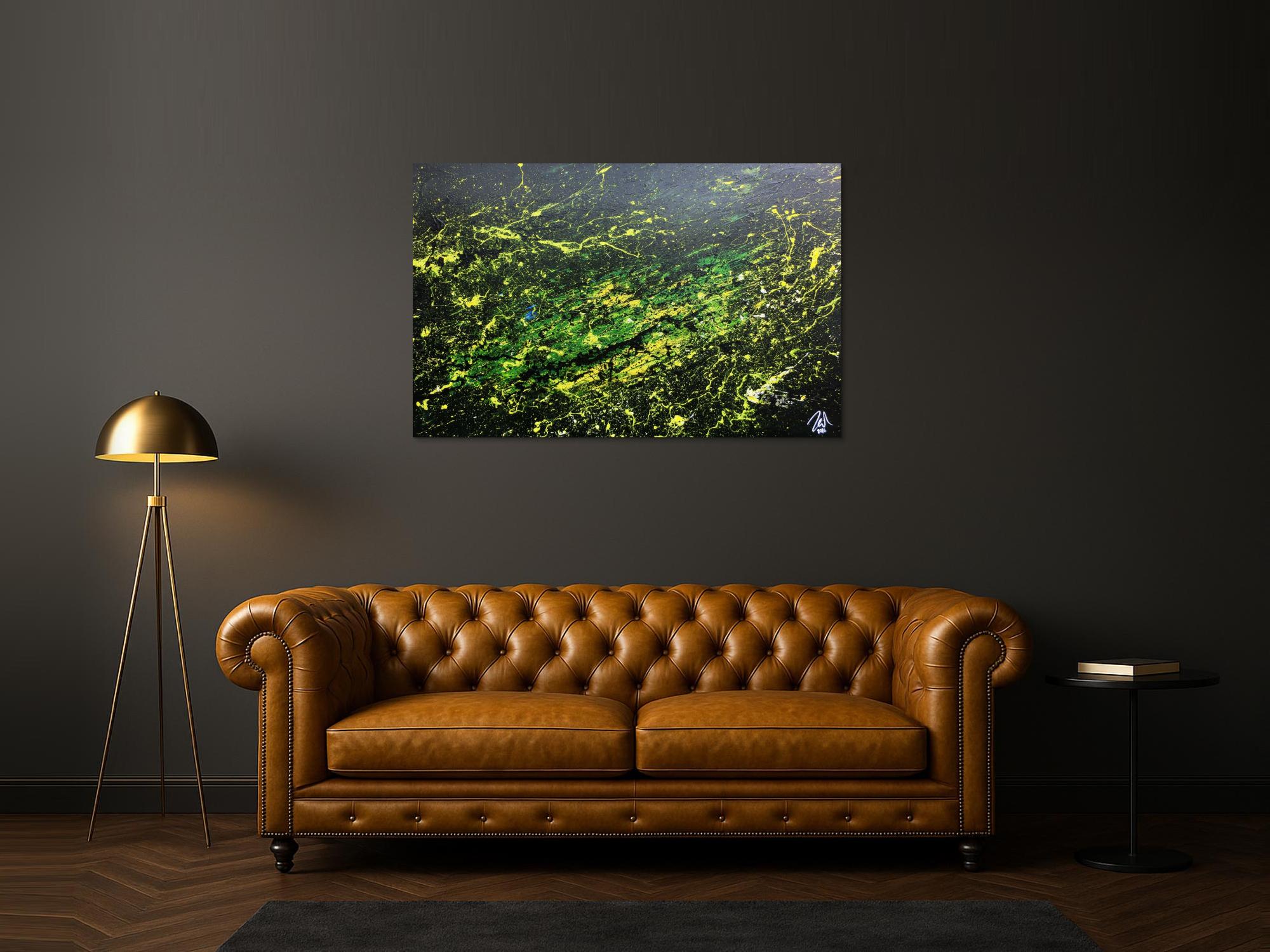 Sehr modernes abstraktes Gemälde mit dunklen Farben und grün gelb