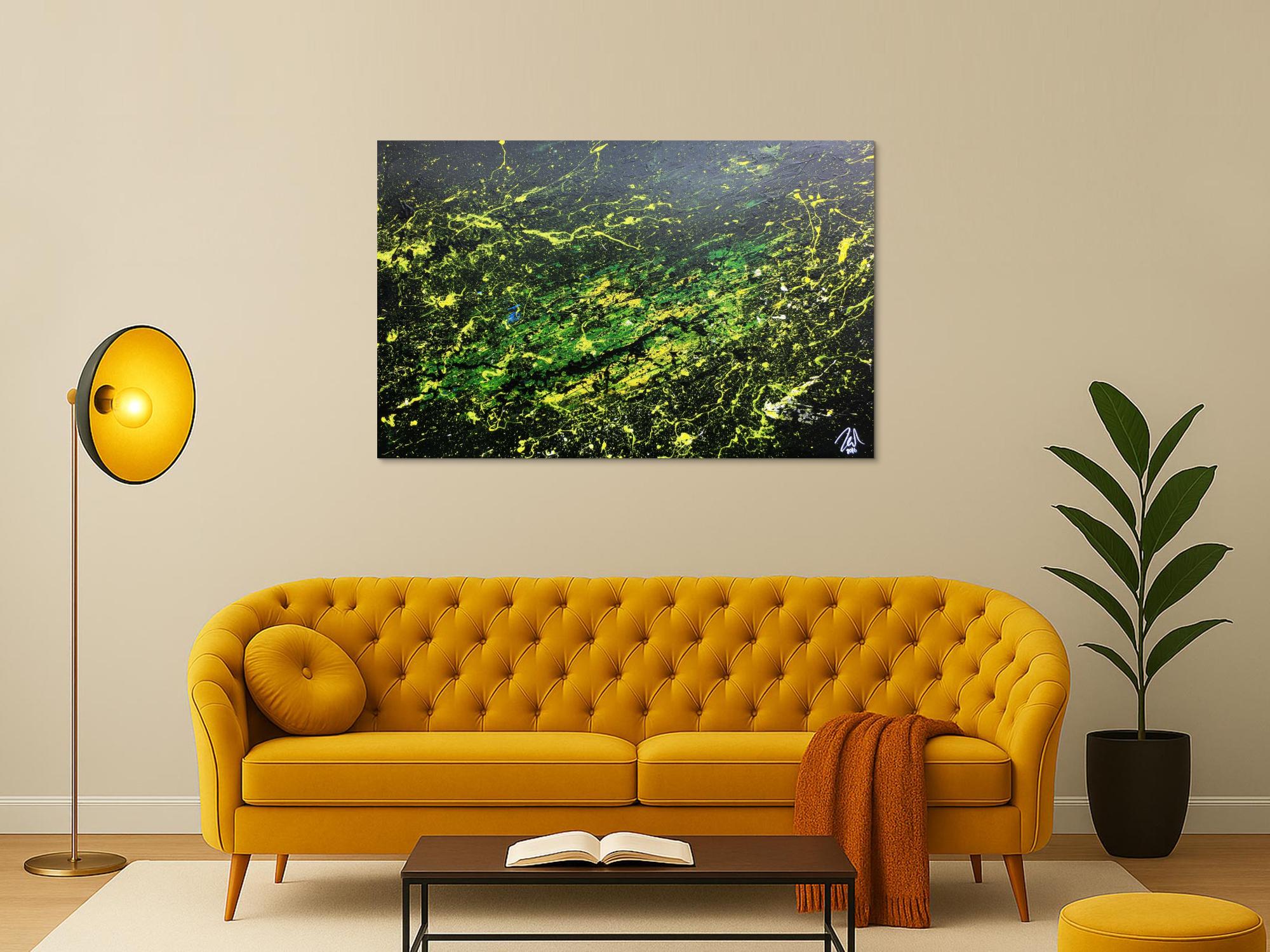 Sehr modernes abstraktes Gemälde mit dunklen Farben und grün gelb