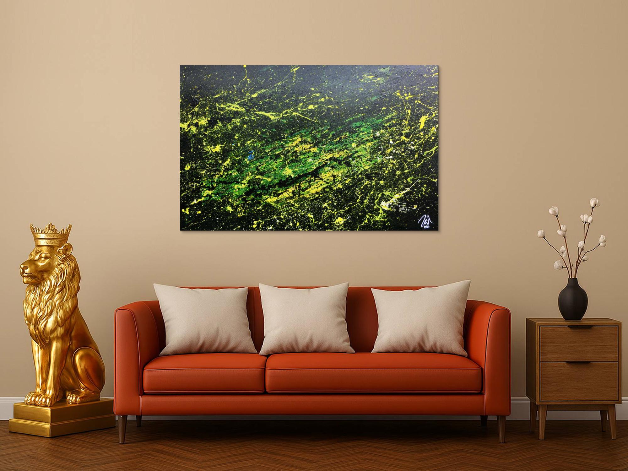 Sehr modernes abstraktes Gemälde mit dunklen Farben und grün gelb