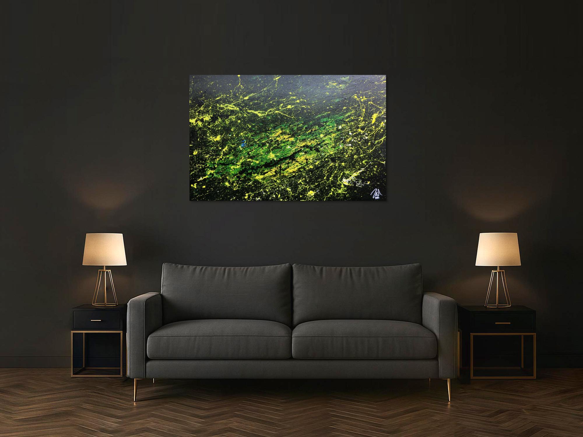 Sehr modernes abstraktes Gemälde mit dunklen Farben und grün gelb