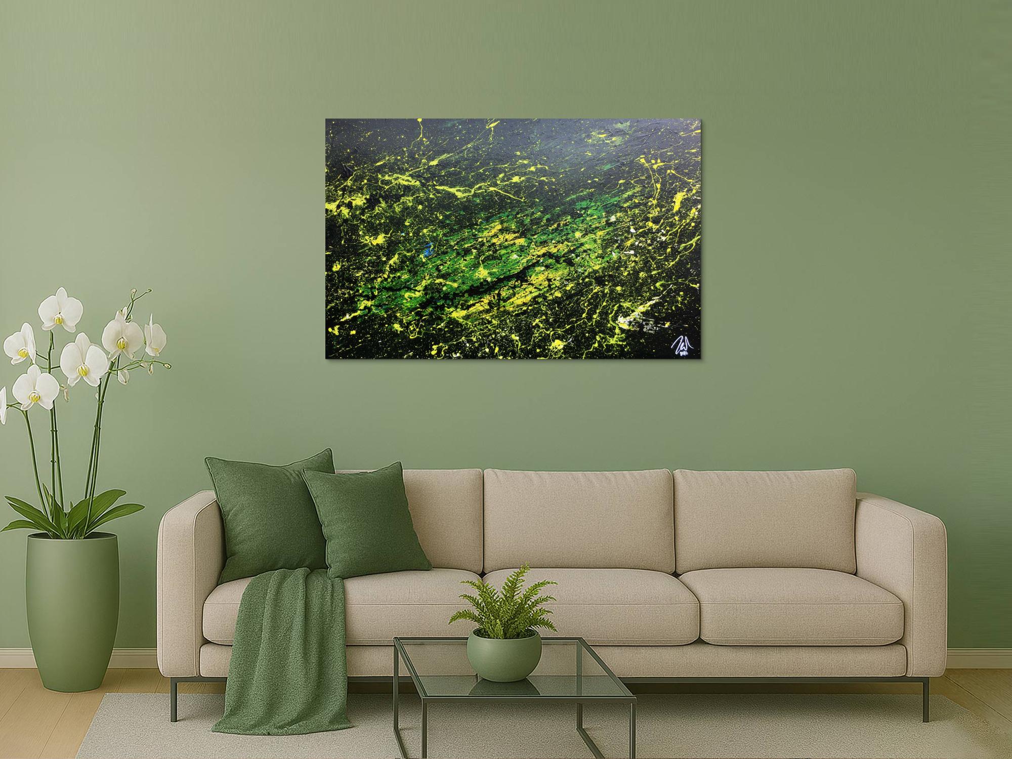Sehr modernes abstraktes Gemälde mit dunklen Farben und grün gelb