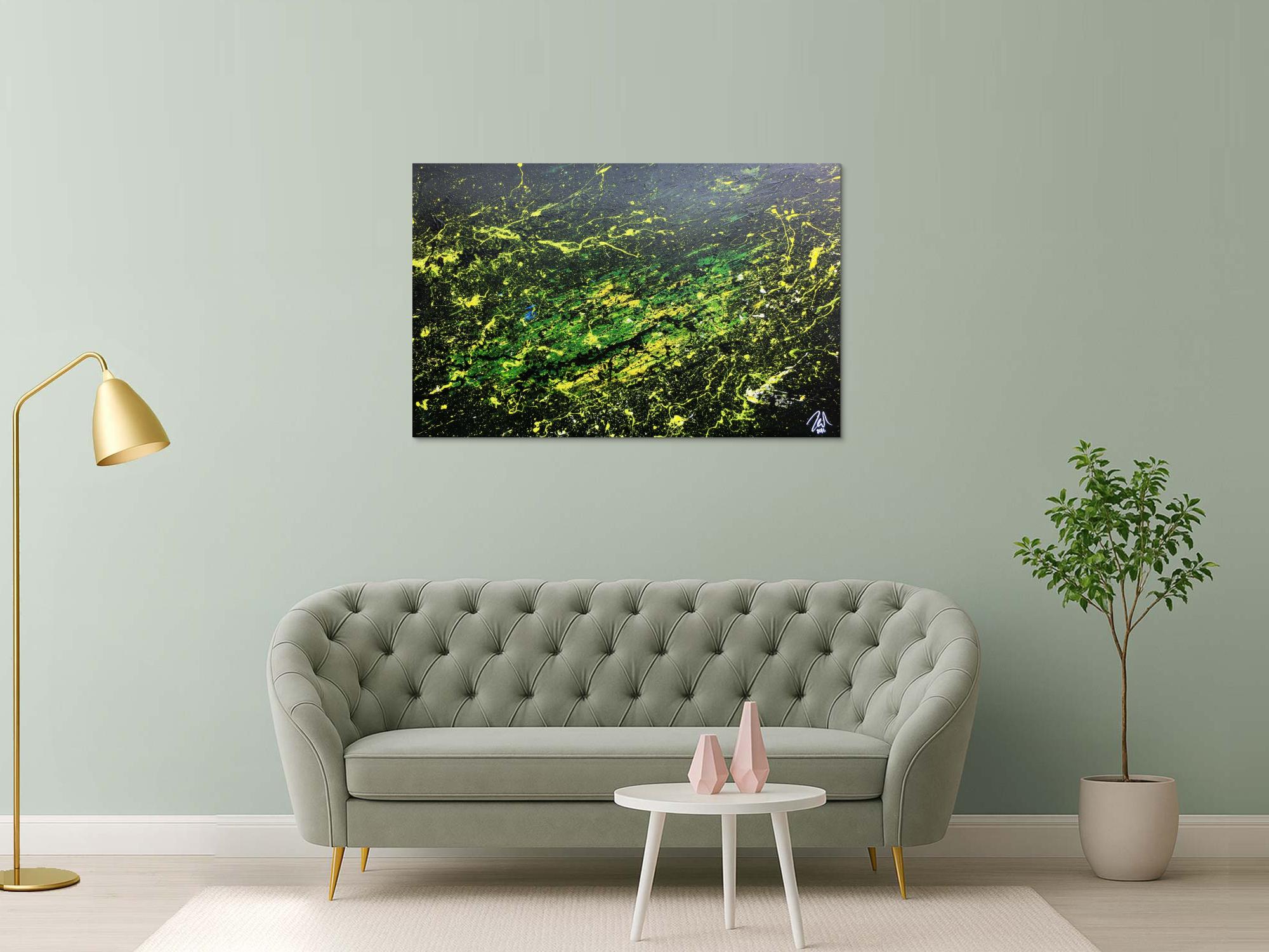 Sehr modernes abstraktes Gemälde mit dunklen Farben und grün gelb