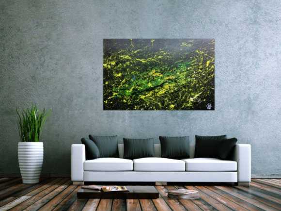 Sehr modernes abstraktes Gemälde mit dunklen Farben und grün gelb
