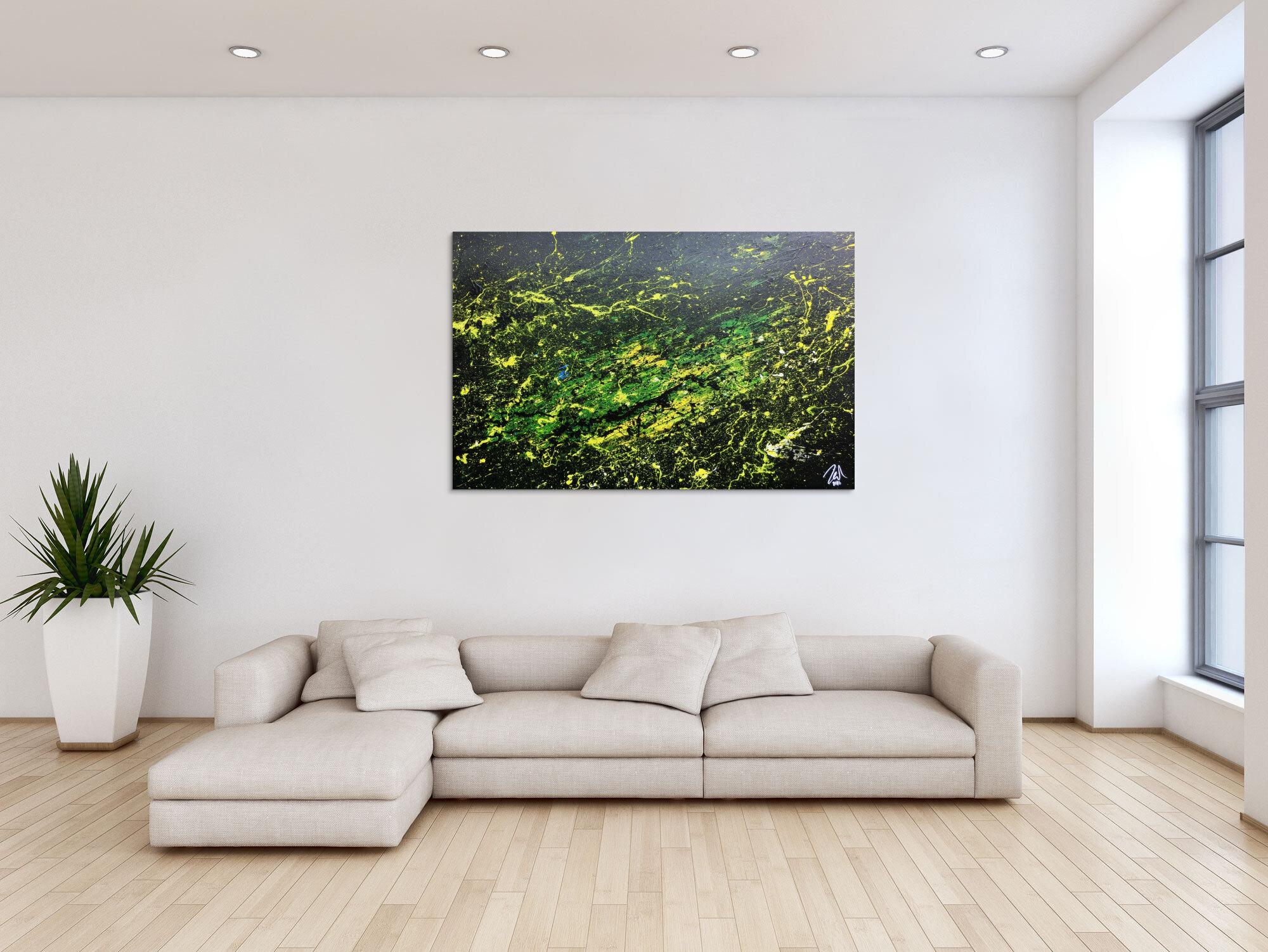 Sehr modernes abstraktes Gemälde mit dunklen Farben und grün gelb