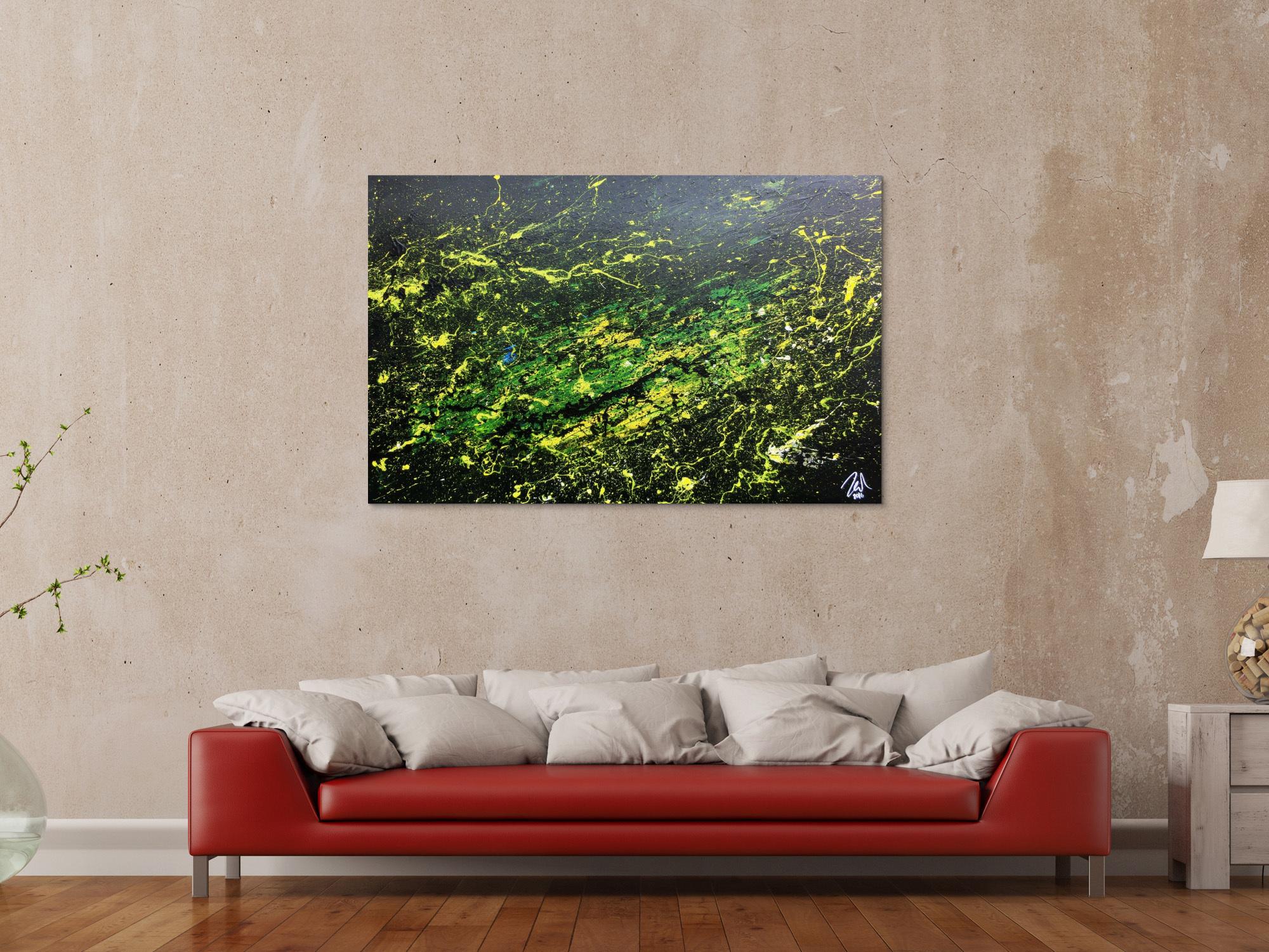 Sehr modernes abstraktes Gemälde mit dunklen Farben und grün gelb
