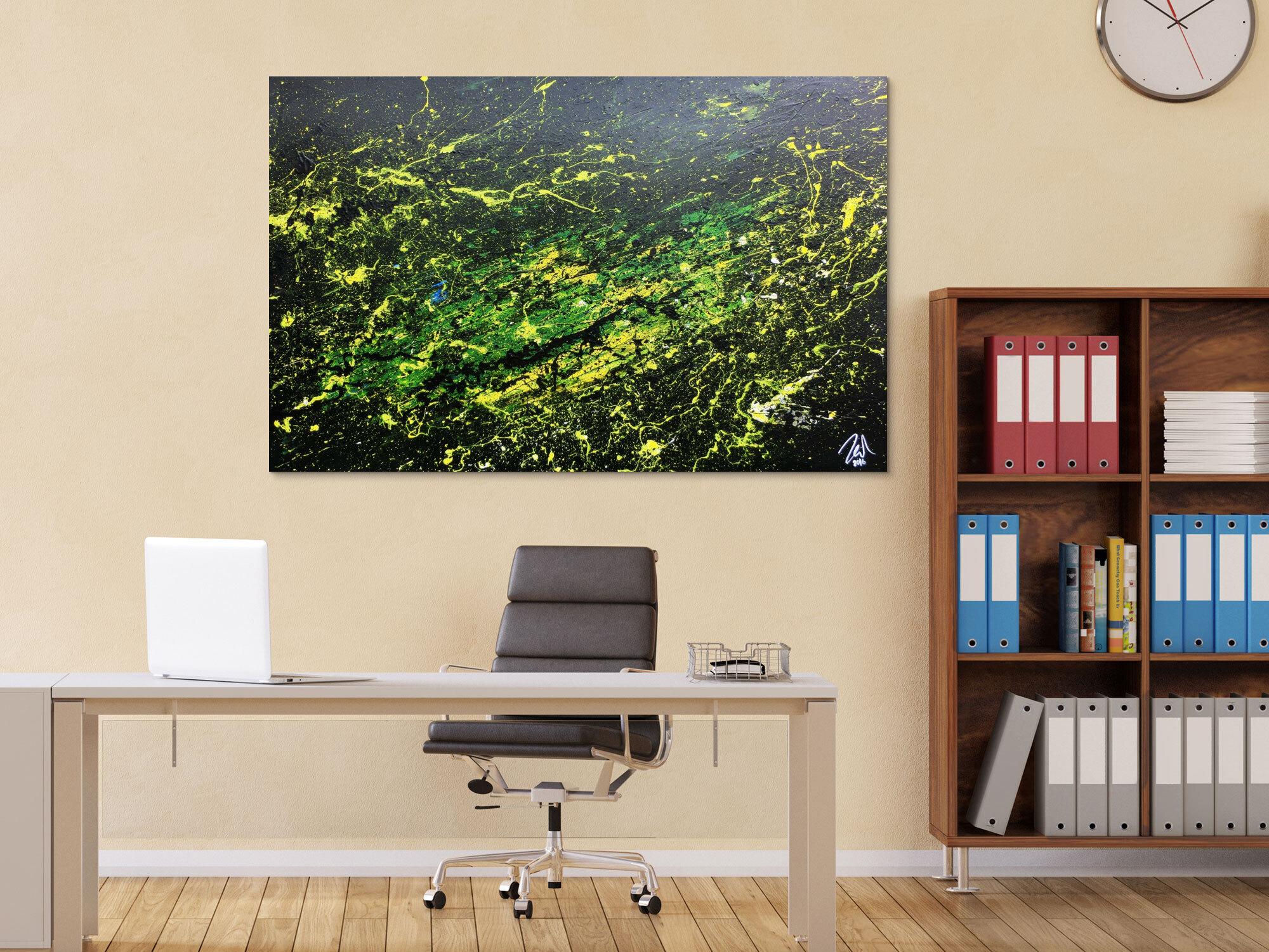 Sehr modernes abstraktes Gemälde mit dunklen Farben und grün gelb