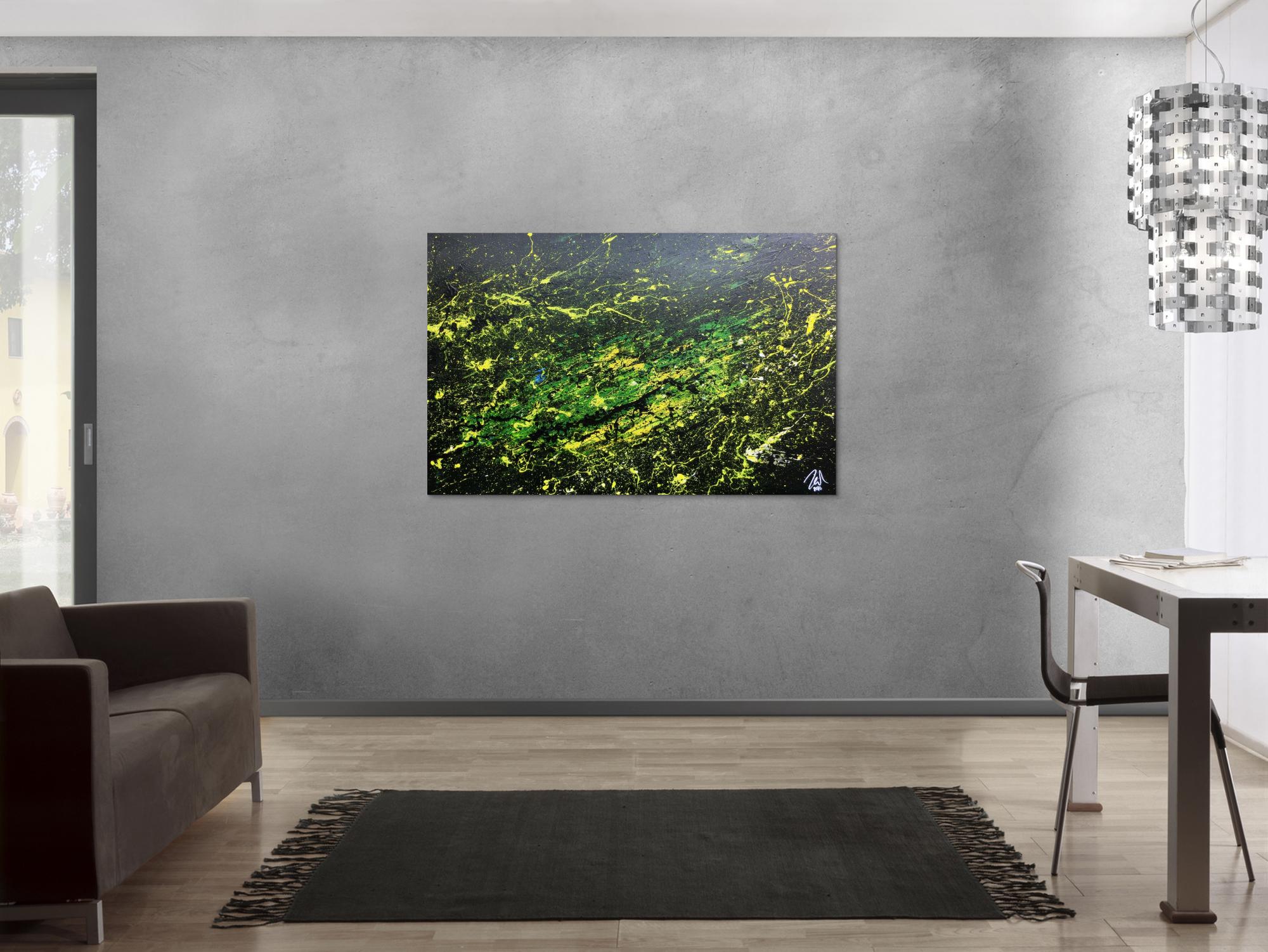 Sehr modernes abstraktes Gemälde mit dunklen Farben und grün gelb